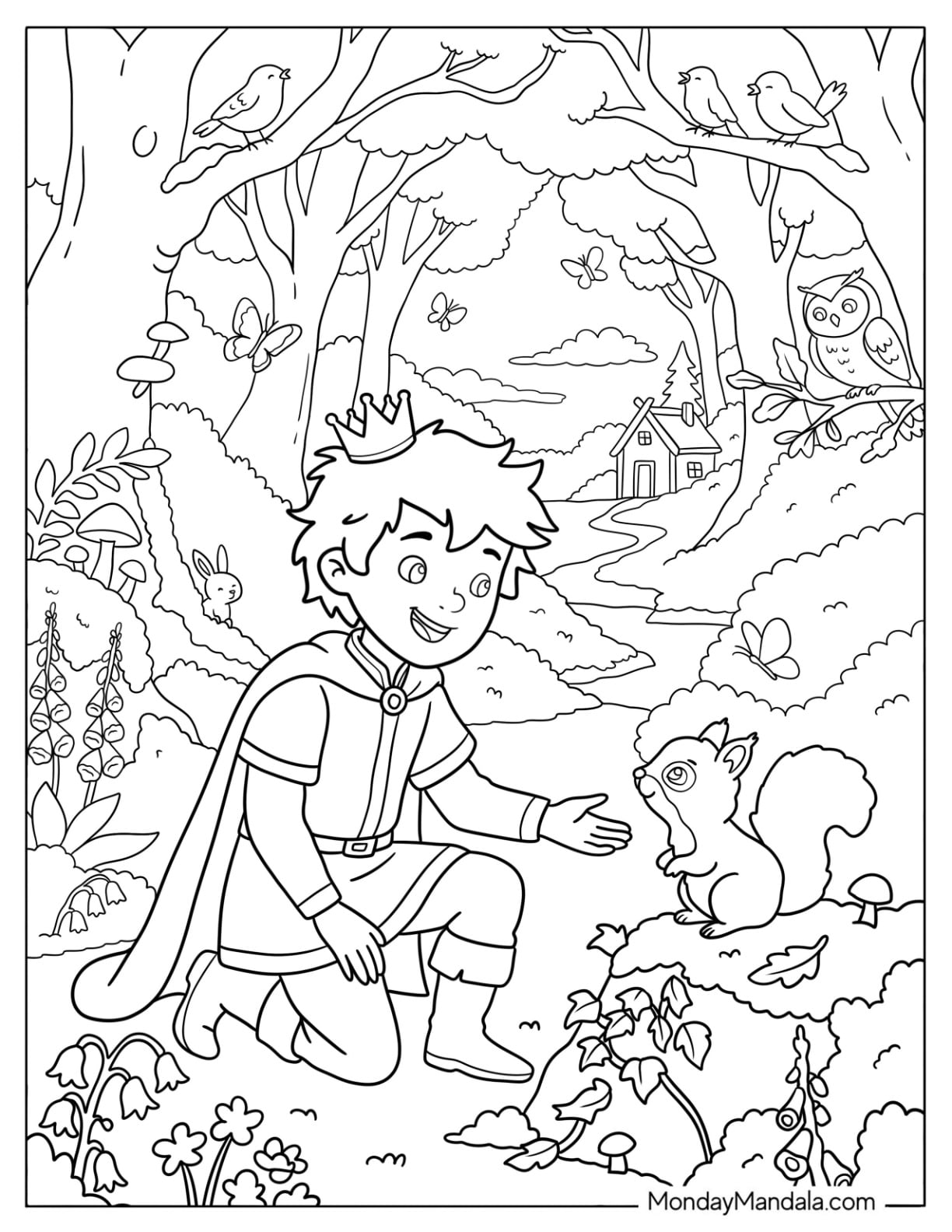 Kind Prince Meeting a Squirrel in the Forest Coloring Page