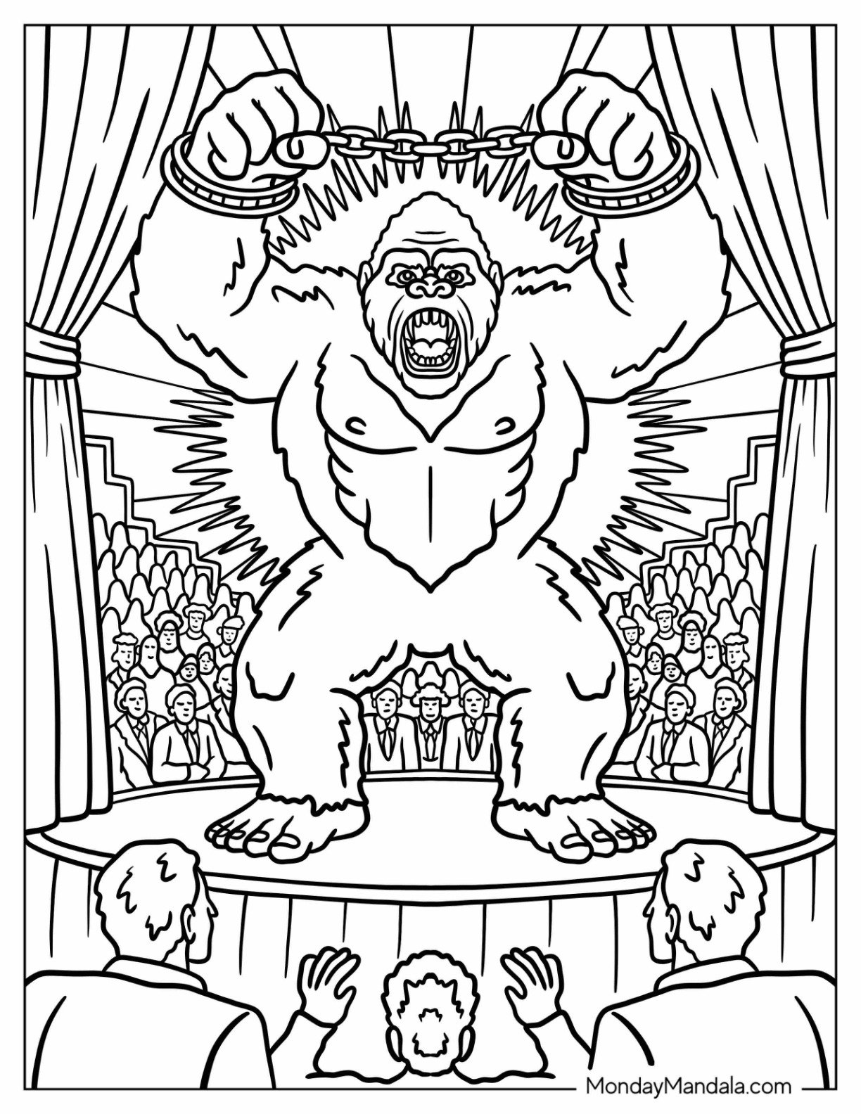 King Kong Coloring Page Breaking Chains in Front of Crowd