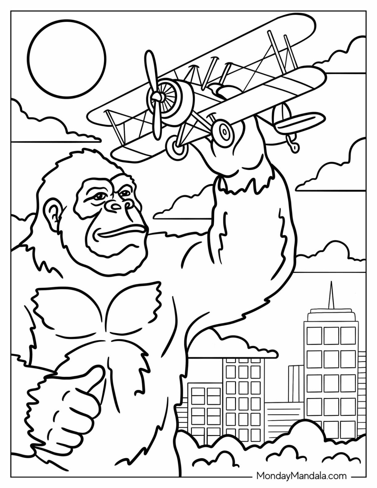 King Kong Coloring Page Playing with Real Airplane in the City