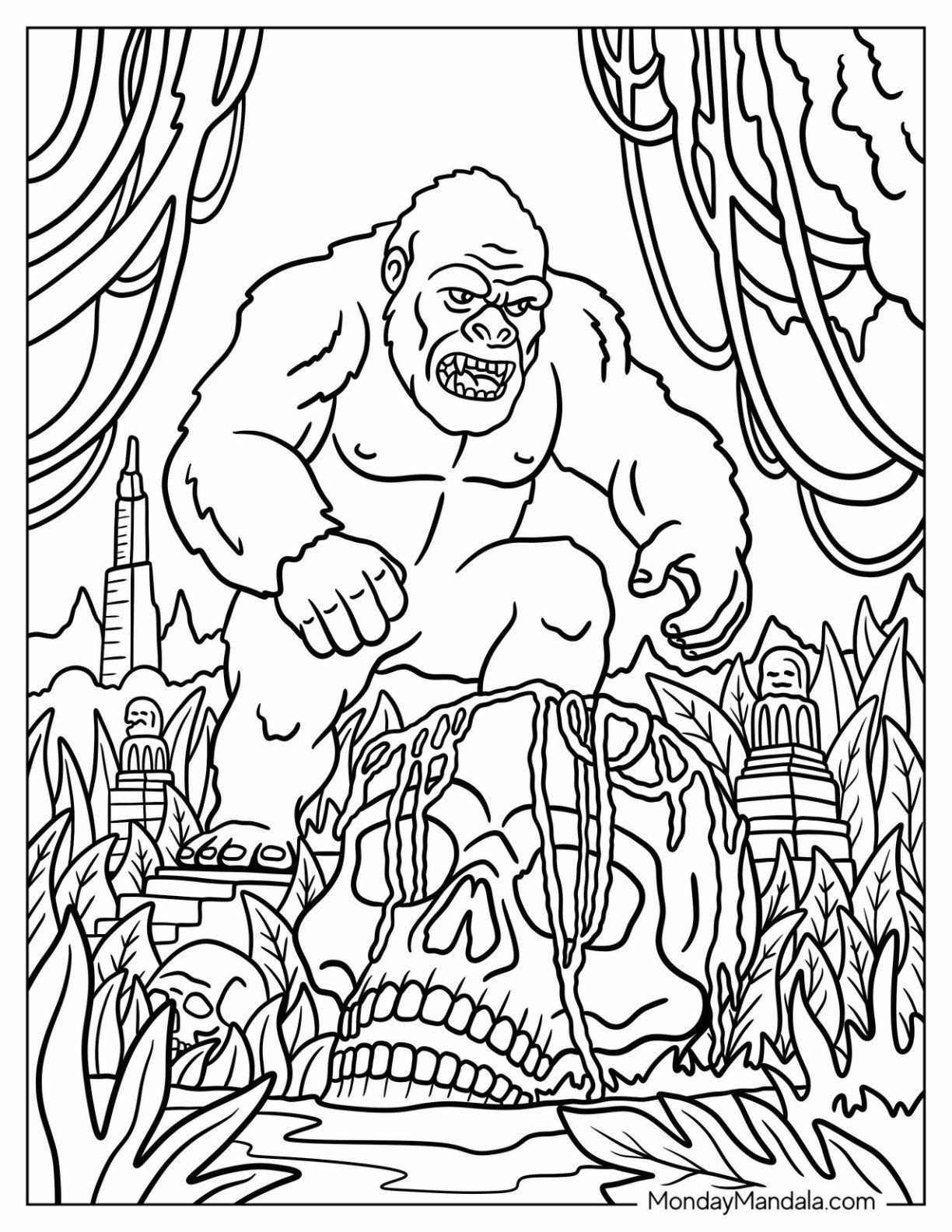 King Kong Coloring Page Stepping on Giant Skulls in Forest