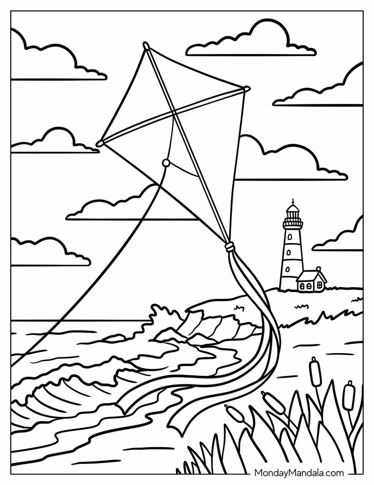 Kite Coloring Page Flying Next to Lighthouse