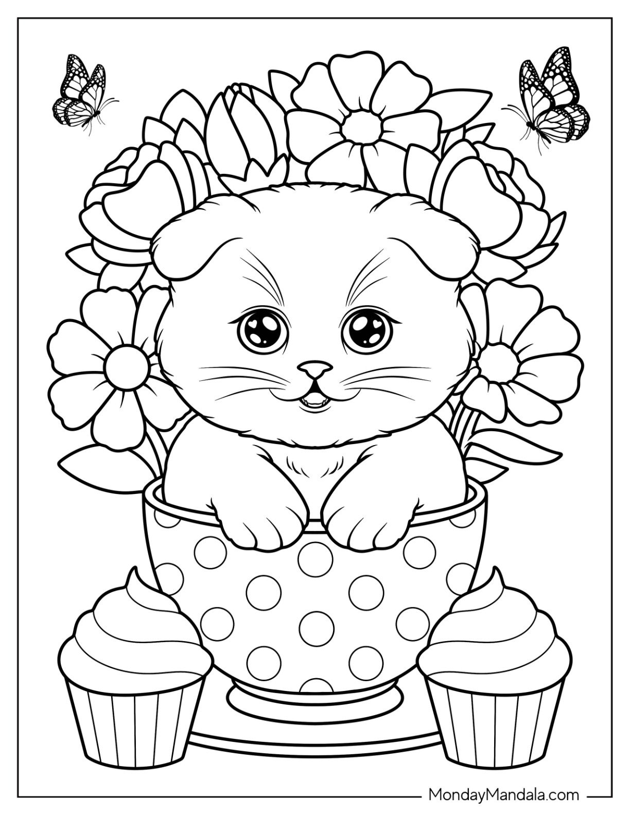 Kitten Coloring Page Inside a Polka Dot Teacup with Flowers and Cupcakes for Kids