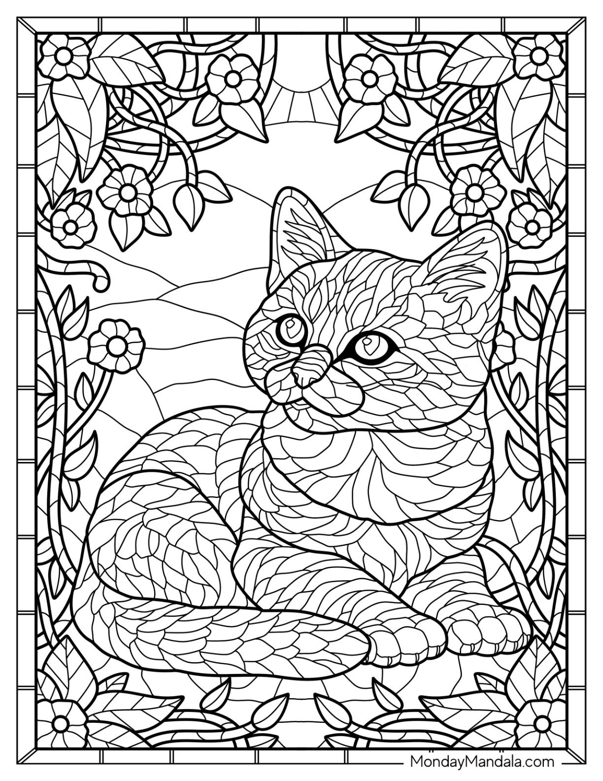 Kitten Coloring Page Lying on the Grass with Flowers Stained Glass