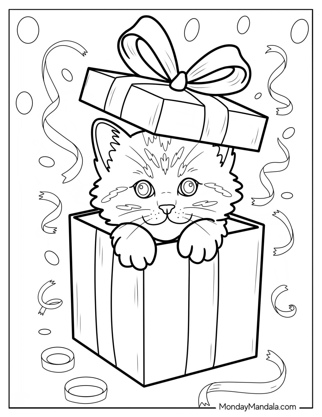 Kitten Coloring Page Peering Out of a Box with Large Bow