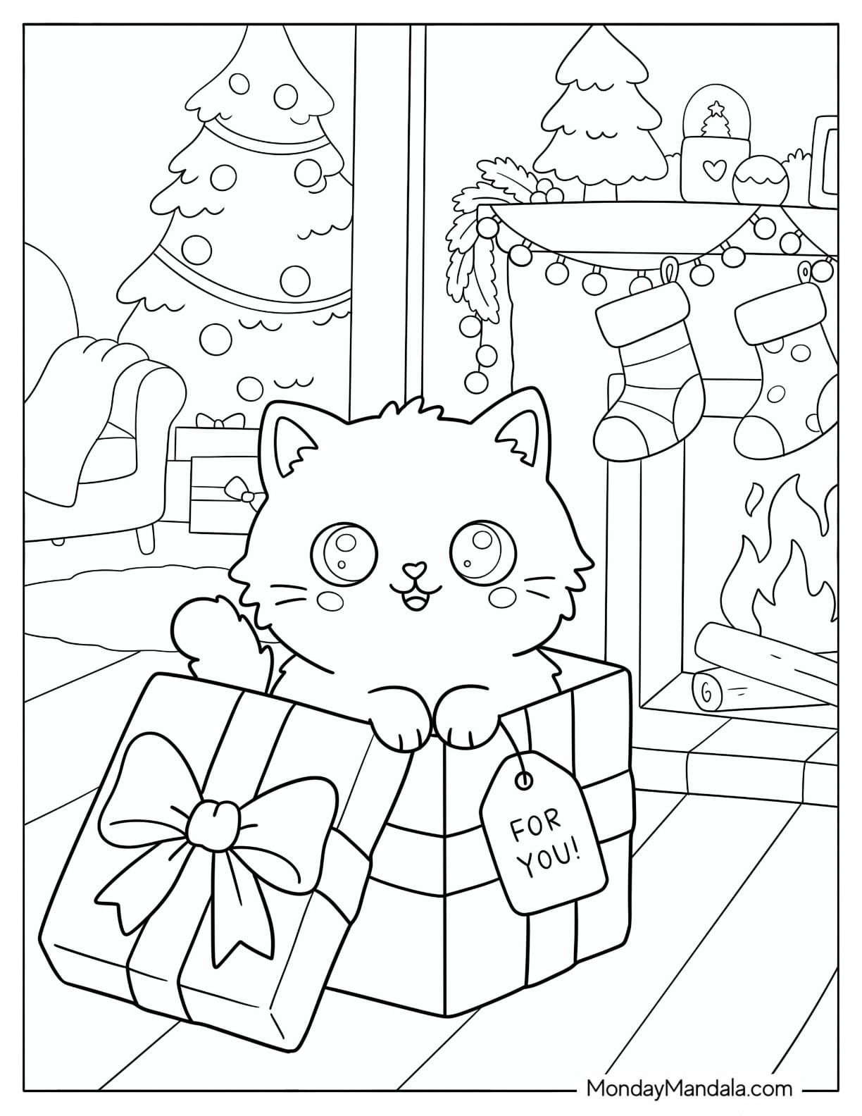 Kitten Popping Out of a Christmas Present by the Fireplace Coloring Page for Kids