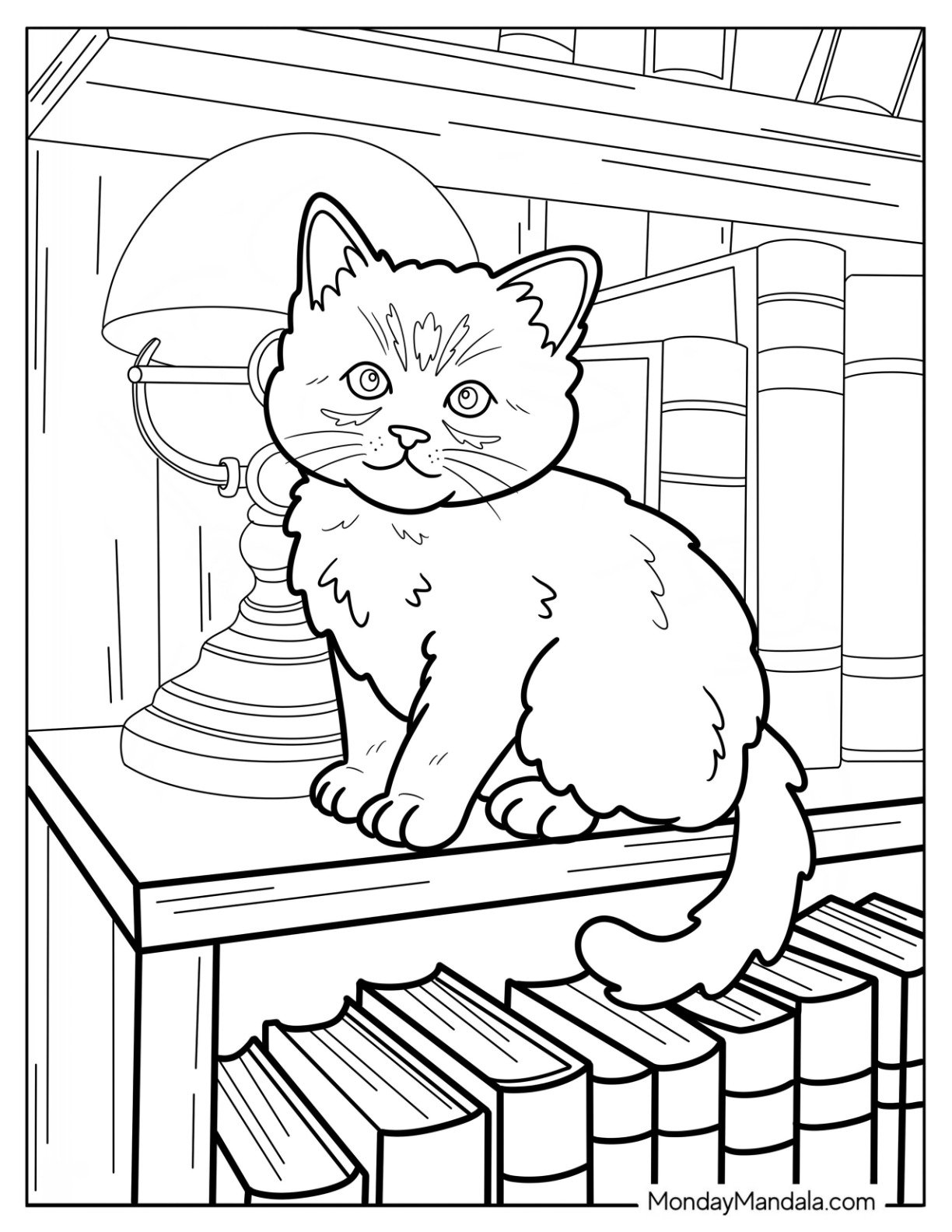 Kitten Coloring Page Posing Next to a Lamp on a Bookshelf