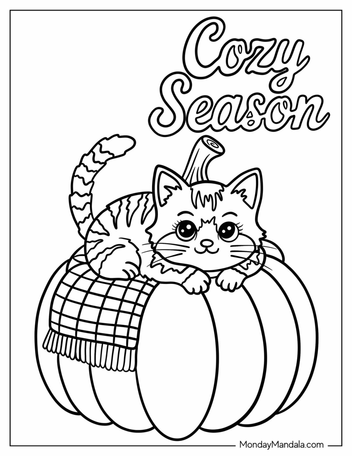 Kitten Resting on a Pumpkin with Blanket Coloring Page