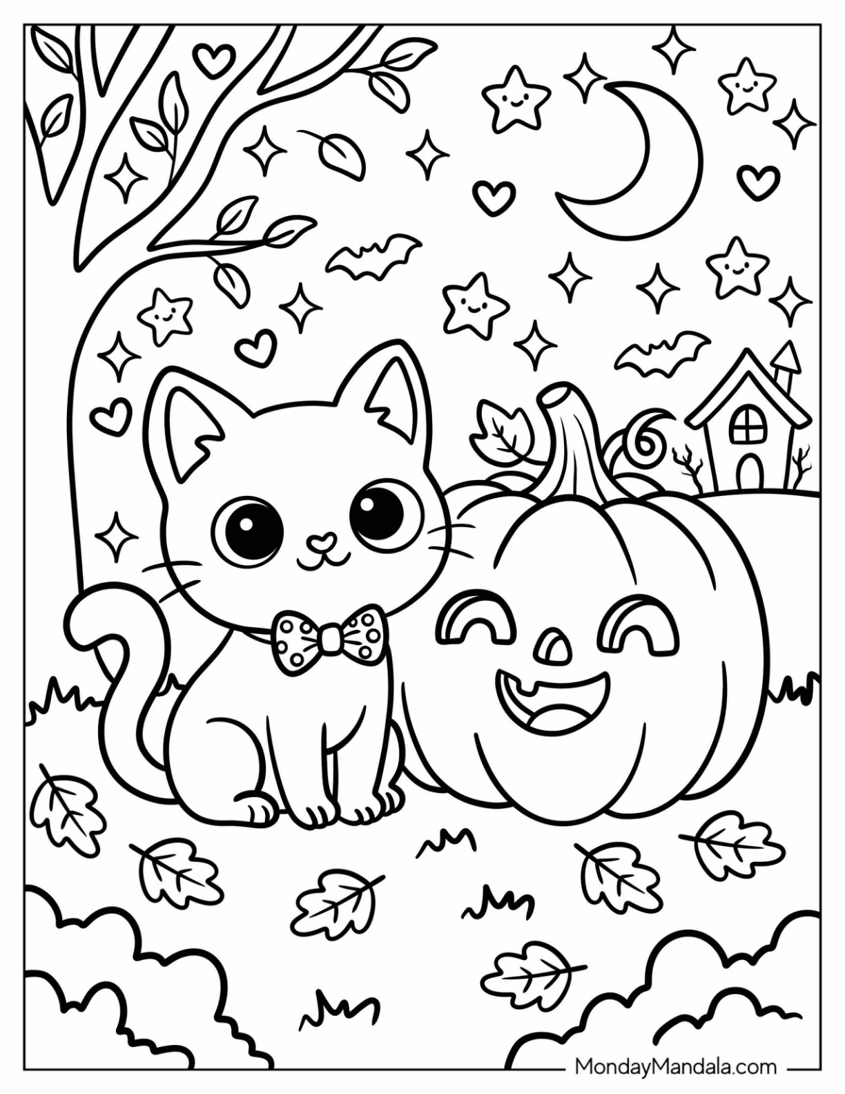 Kitten Sitting Beside a Jack O’ Lantern Under a Crescent Moon