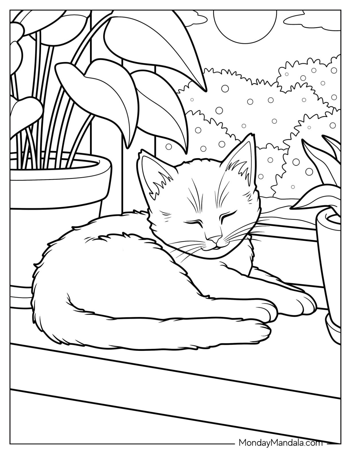Kitten Coloring Page Sleeping by the Window Next to Potted Plants