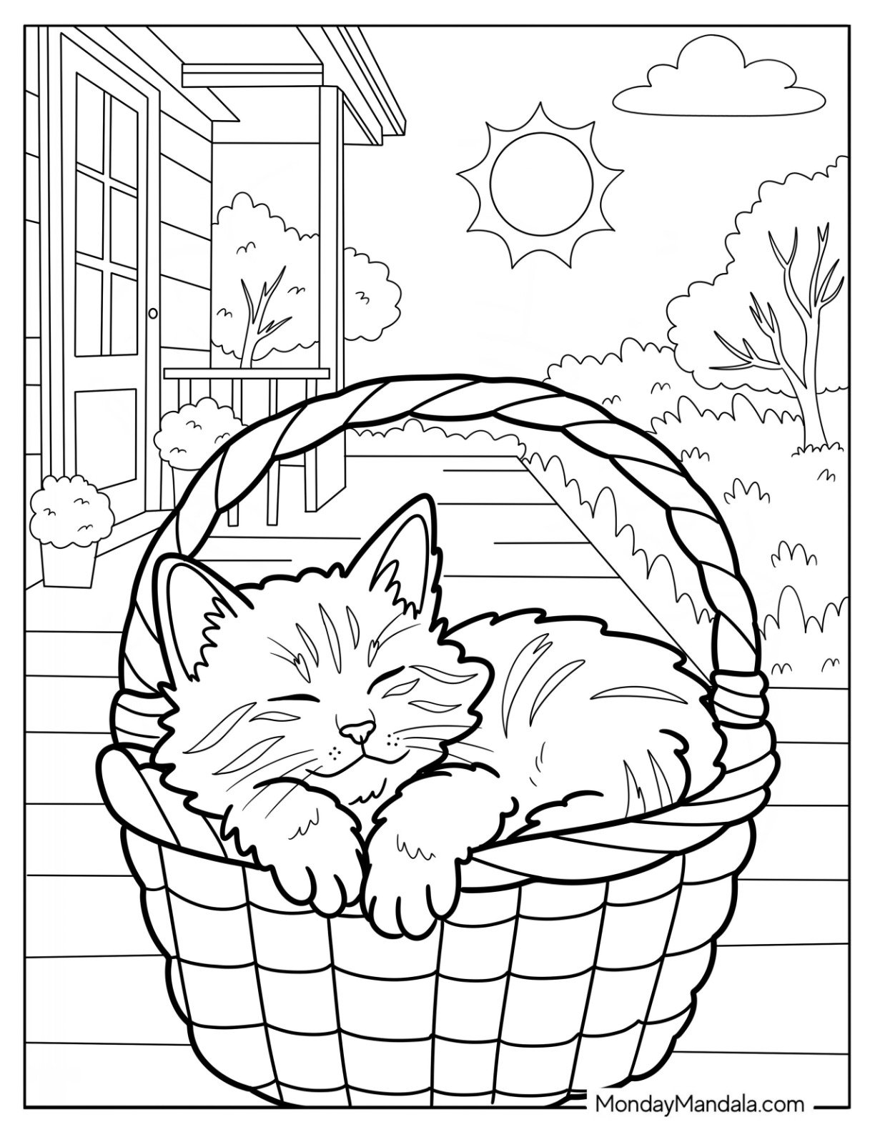 Kitten Coloring Page Sleeping in a Basket on a Porch