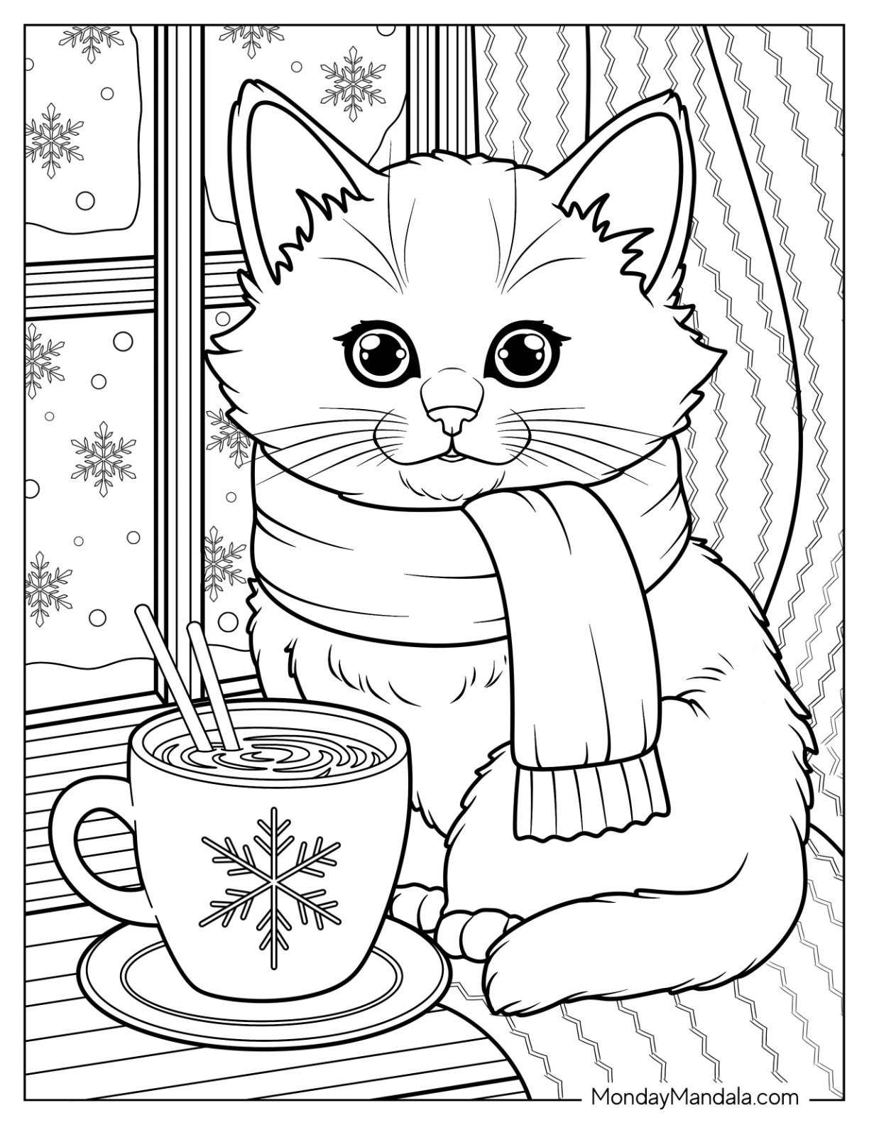 Kitten Coloring Page in Scarf Sitting in Front of Hot Drink by the Window