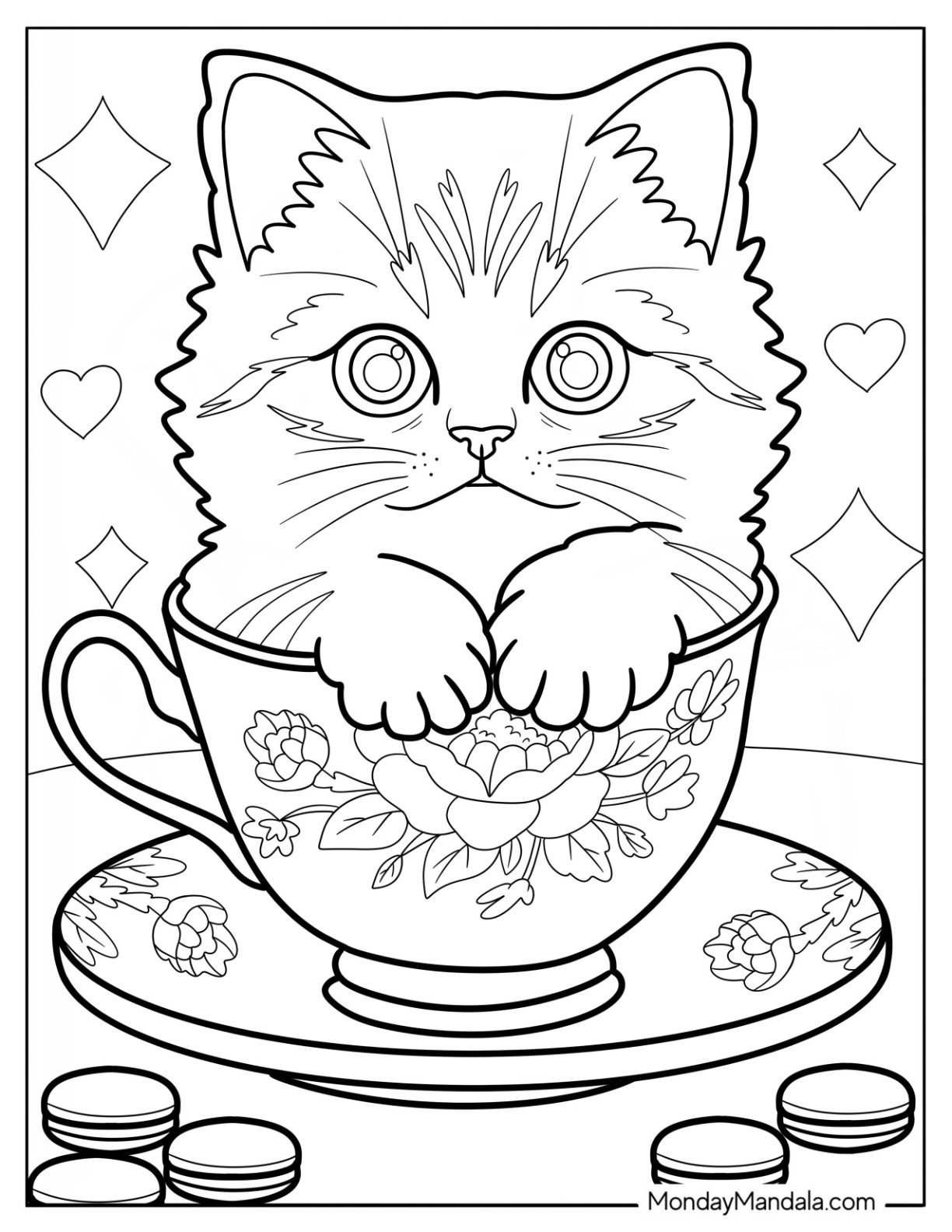 Kitten Coloring Page in a Fancy Teacup with Floral Patterns for Kids