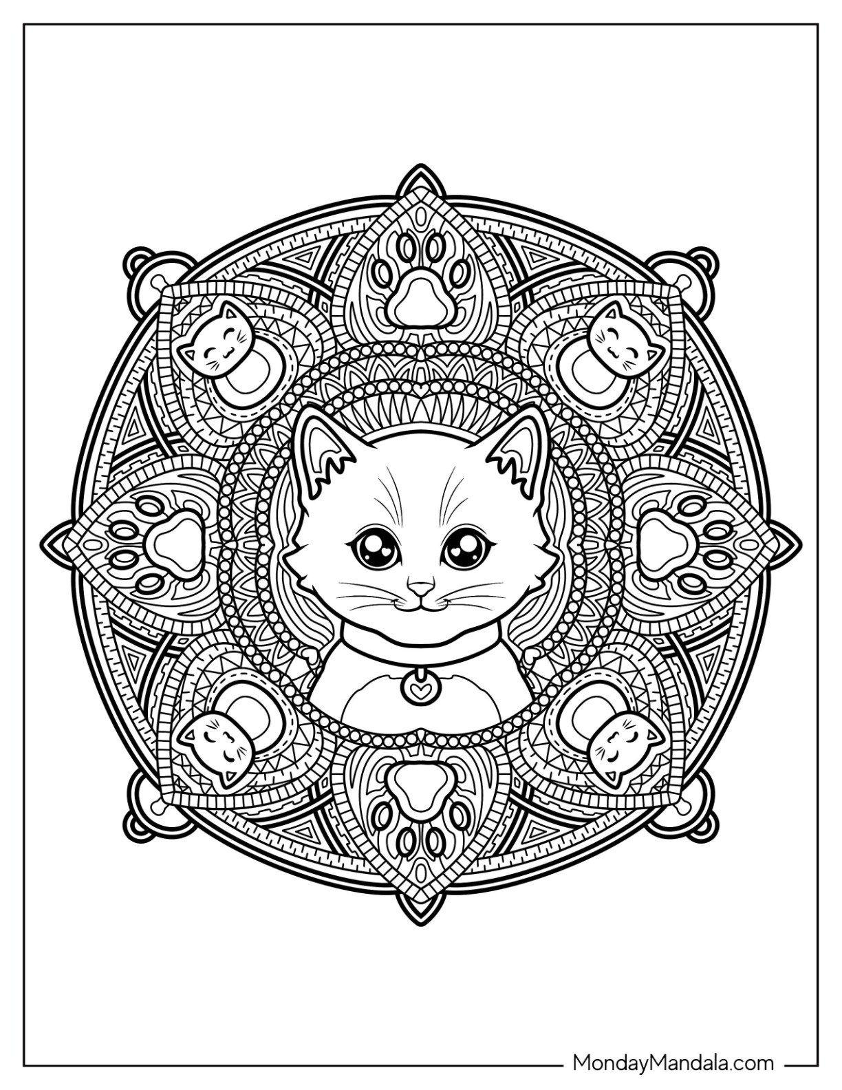 Kitten Coloring Page with Collar Inside Floral Mandala with Cat Elements
