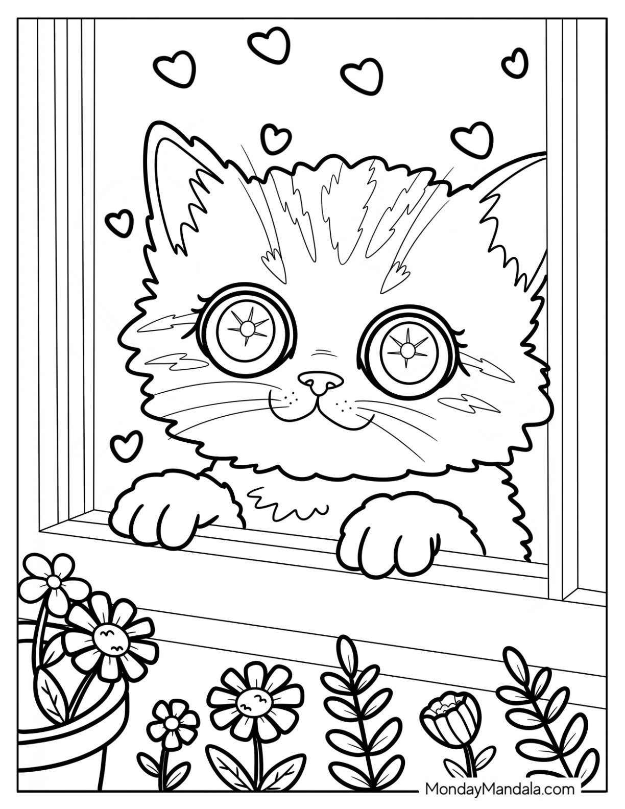 Kitten Coloring Page with Starry Eyes Staring Out the Window