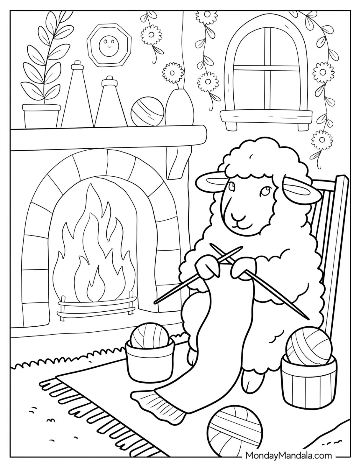 Knitting Sheep Coloring Page Sitting by a Roaring Fire for Kids