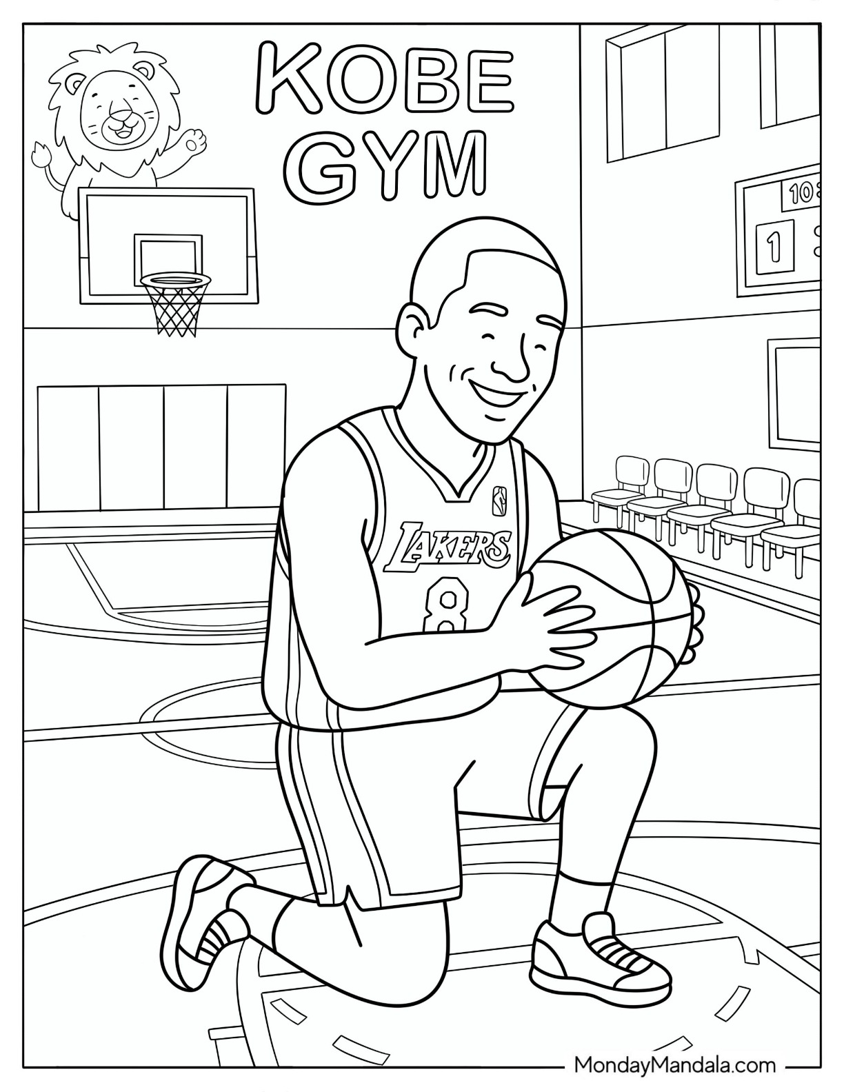 Kobe Bryant Kneeling While Holding a Basketball Coloring Page