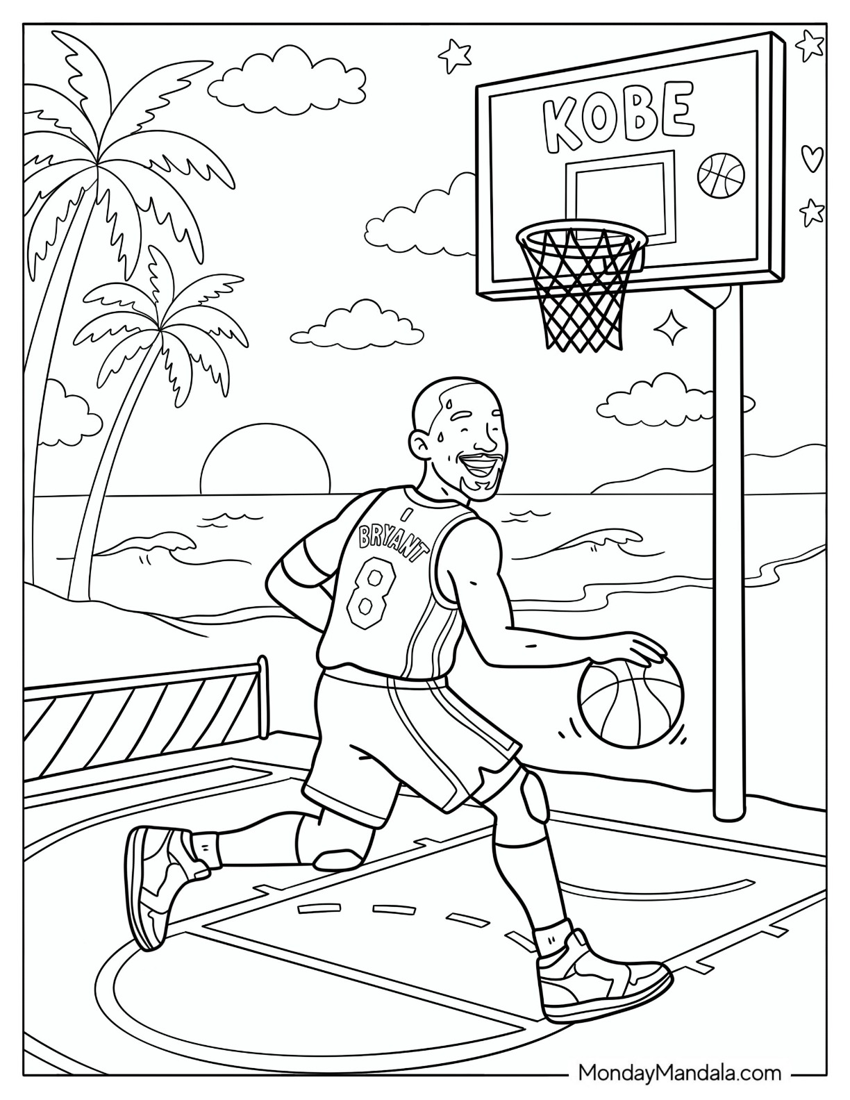 Kobe Bryant Playing Basketball at a Beachside Court Coloring Sheet