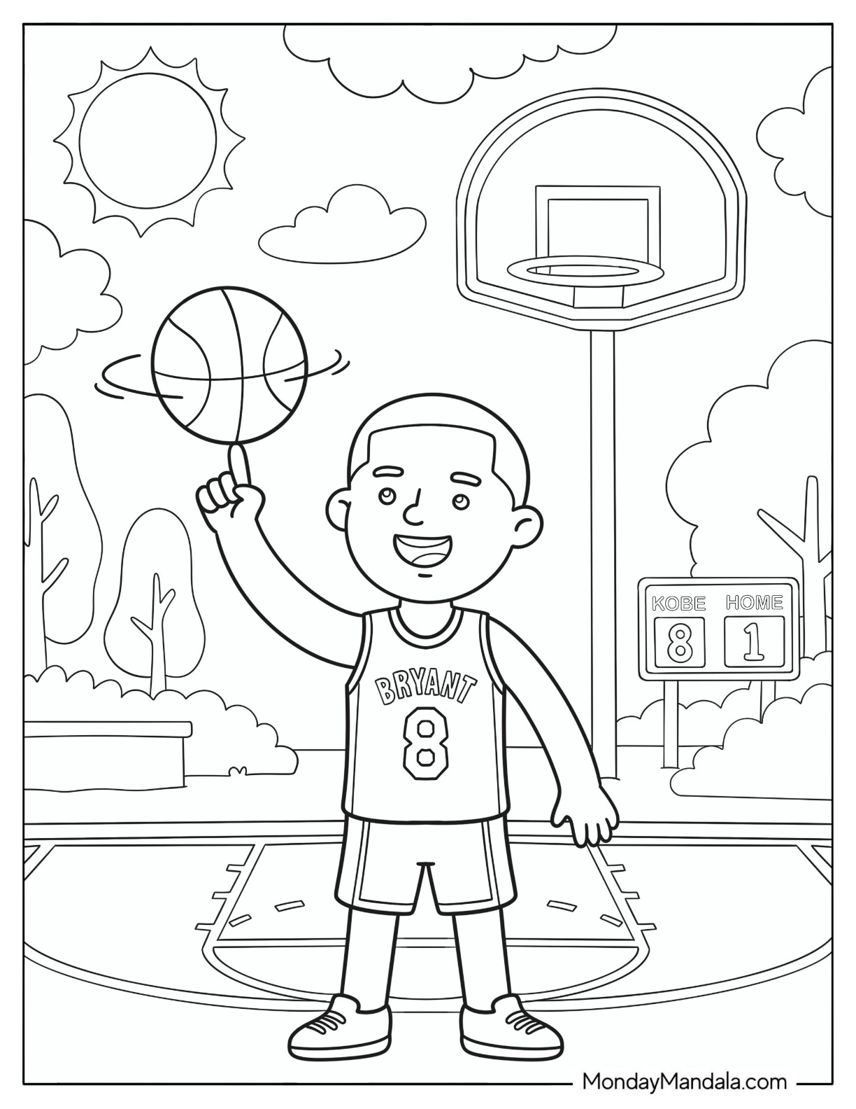 Kobe Bryant Spinning a Basketball Coloring Page for Kids