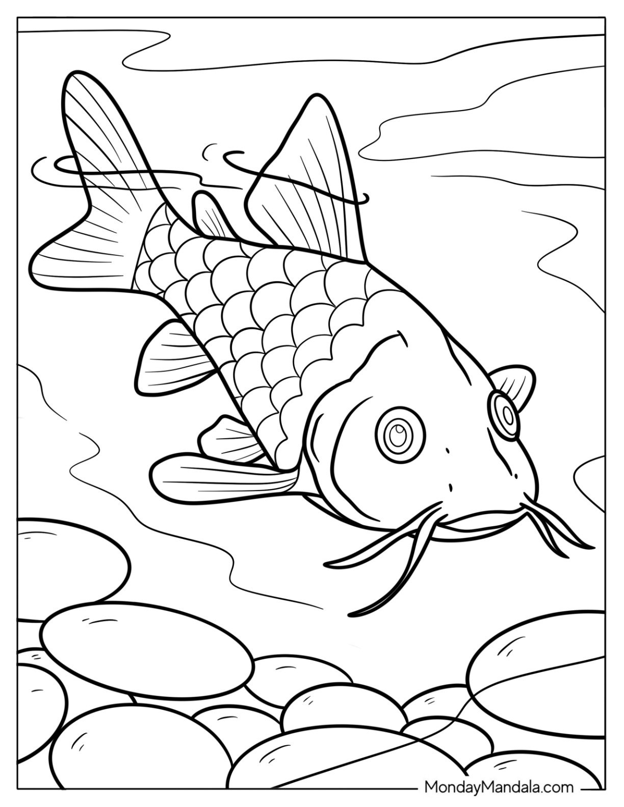 Fish Coloring Page of Koi Swimming Over River Stones in Pond