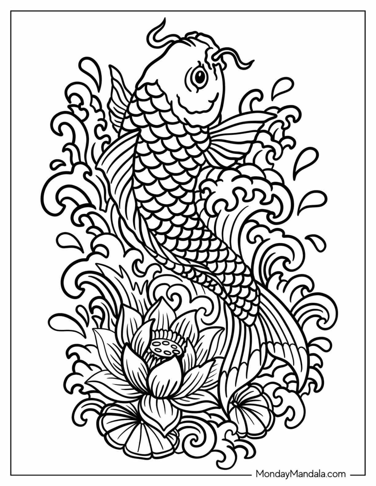 Koi Fish with Lotus Flower and Waves Tattoo Coloring Page