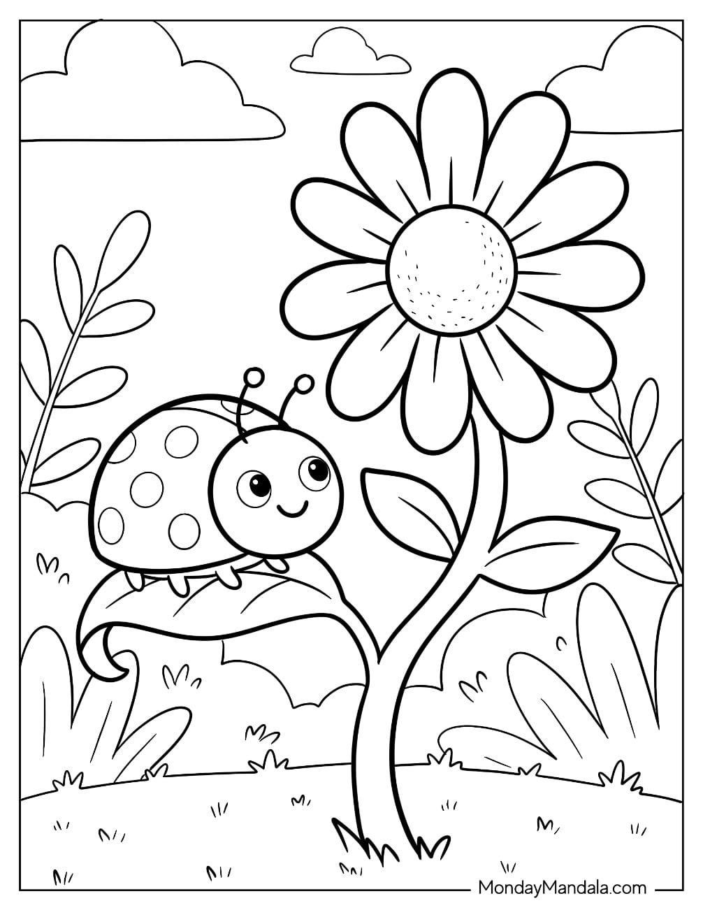 Ladybug Climbing a Flower Stem Coloring Page for Kids
