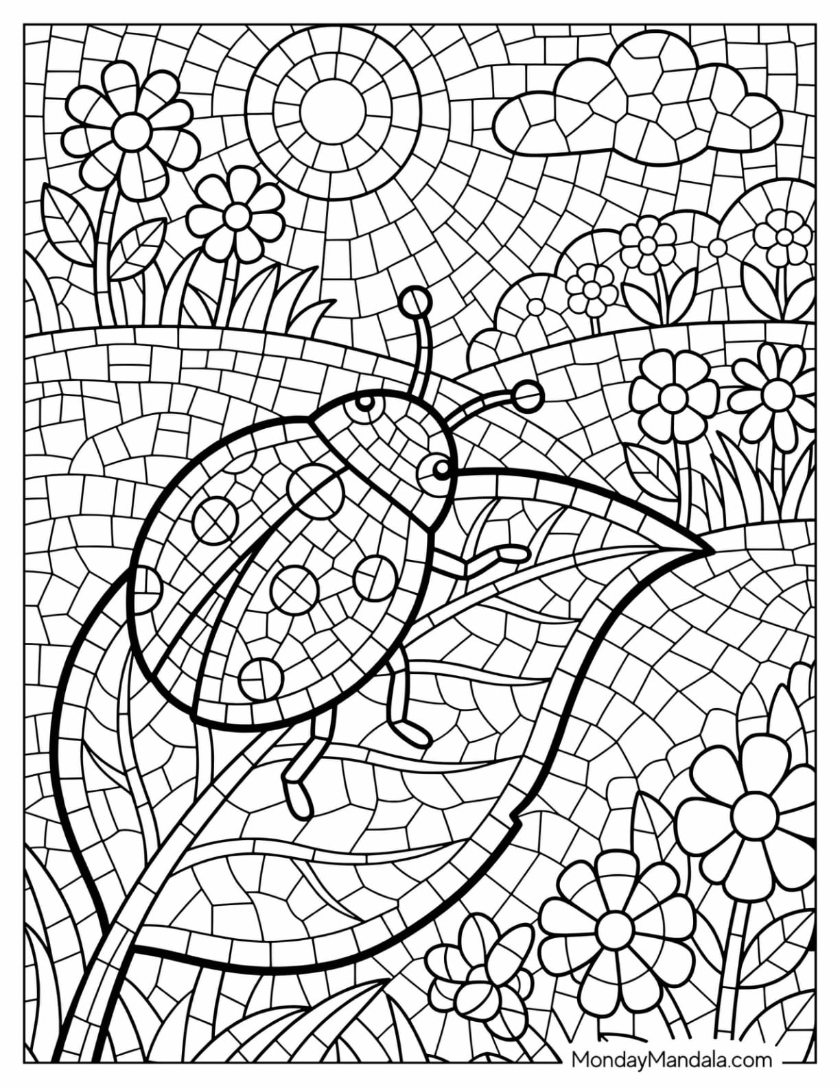 Ladybug Crawling on a Leaf in a Flower Garden Mosaic Coloring Sheet