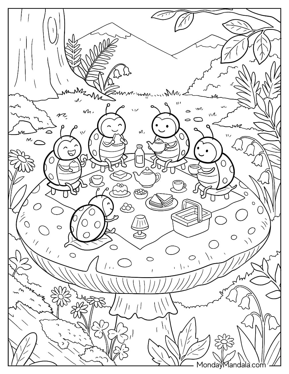 Ladybug Family Having a Picnic Coloring Sheet