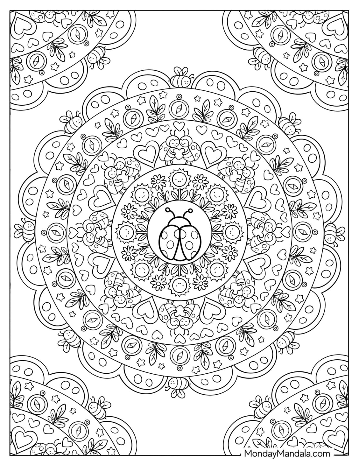 Ladybug Floral Mandala Coloring Page