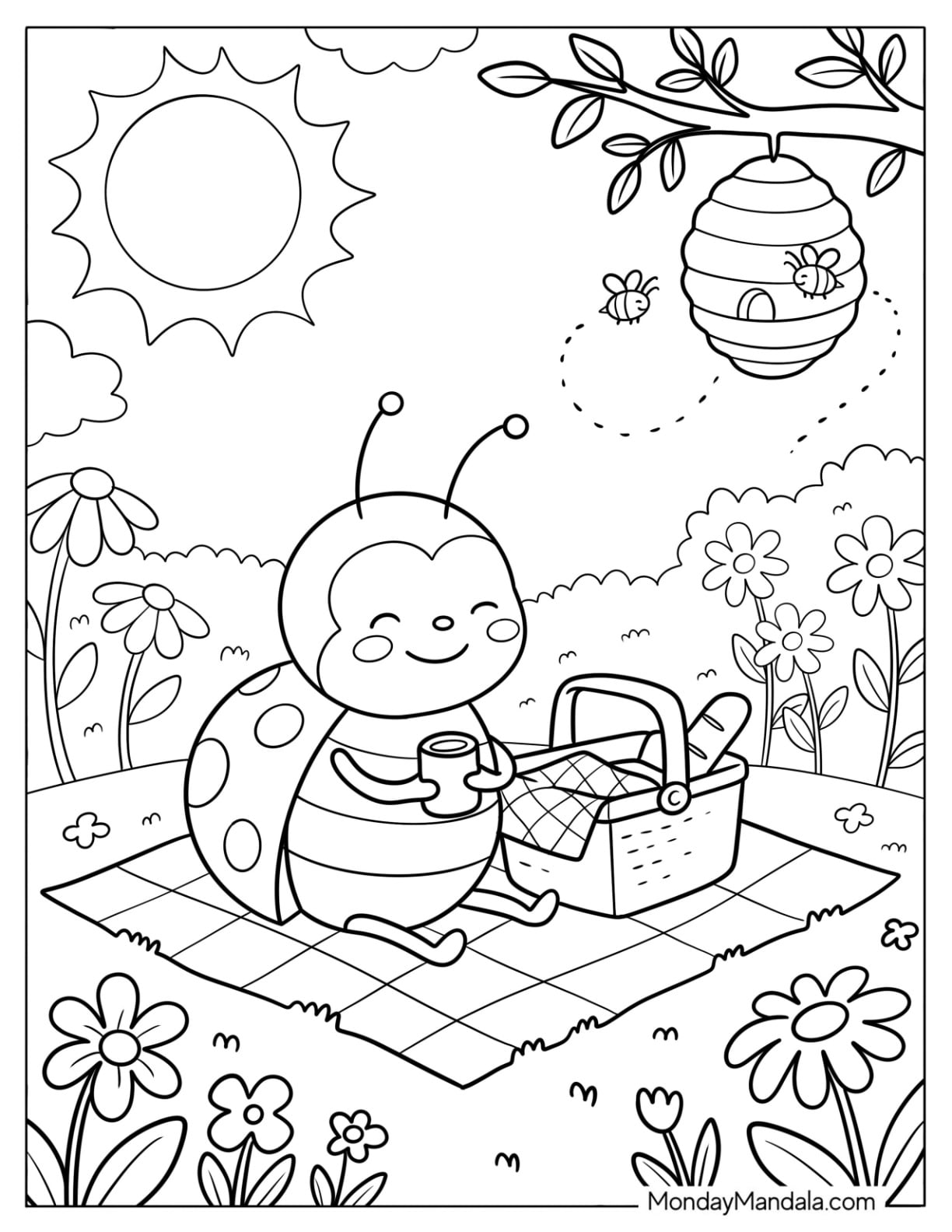 Ladybug Having a Picnic in a Flower Garden