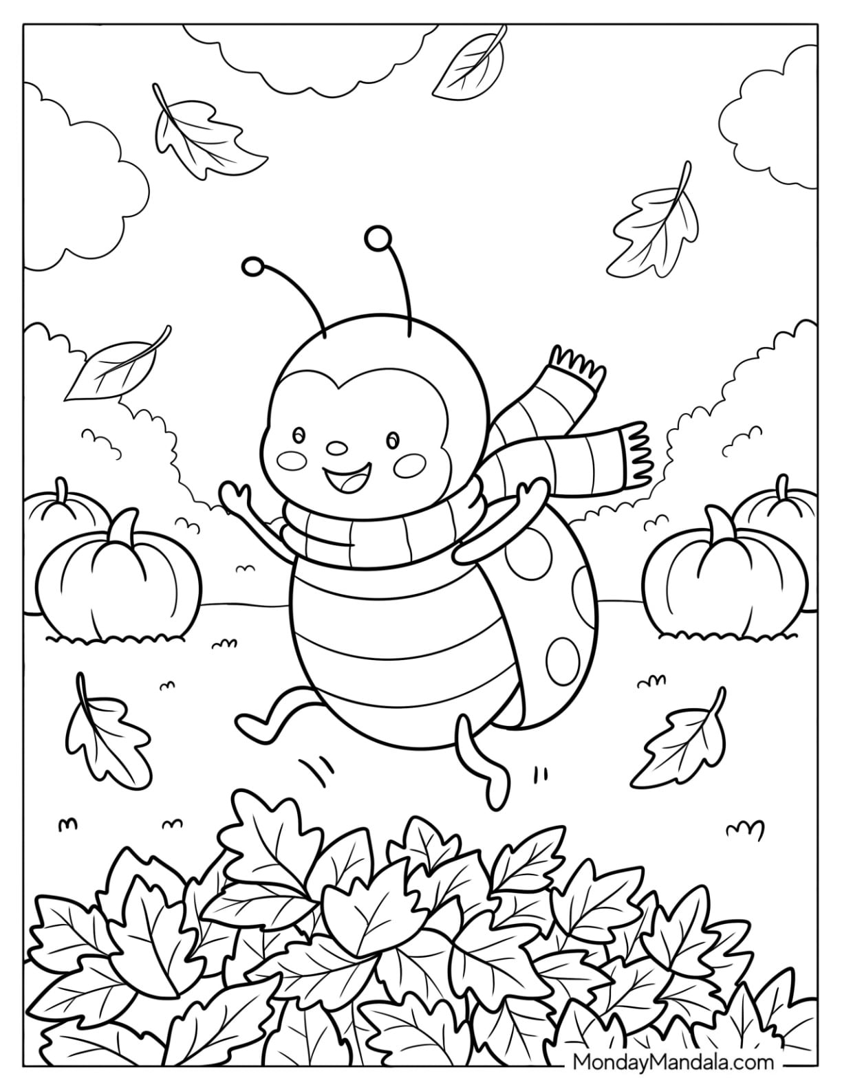 Ladybug Jumping into Autumn Leaves Coloring Page for Kids