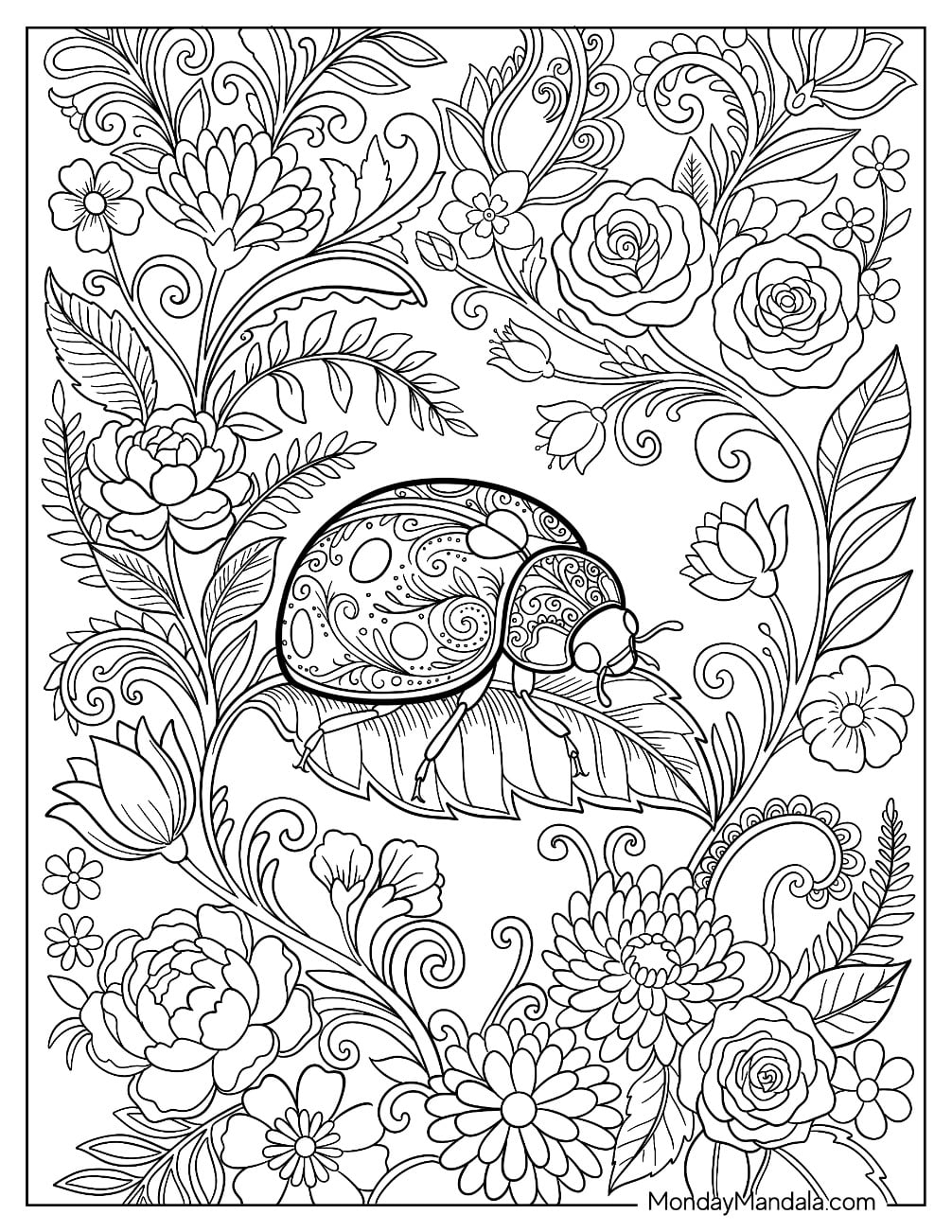 Ladybug Mandala on a Leaf Surrounded by Flowers