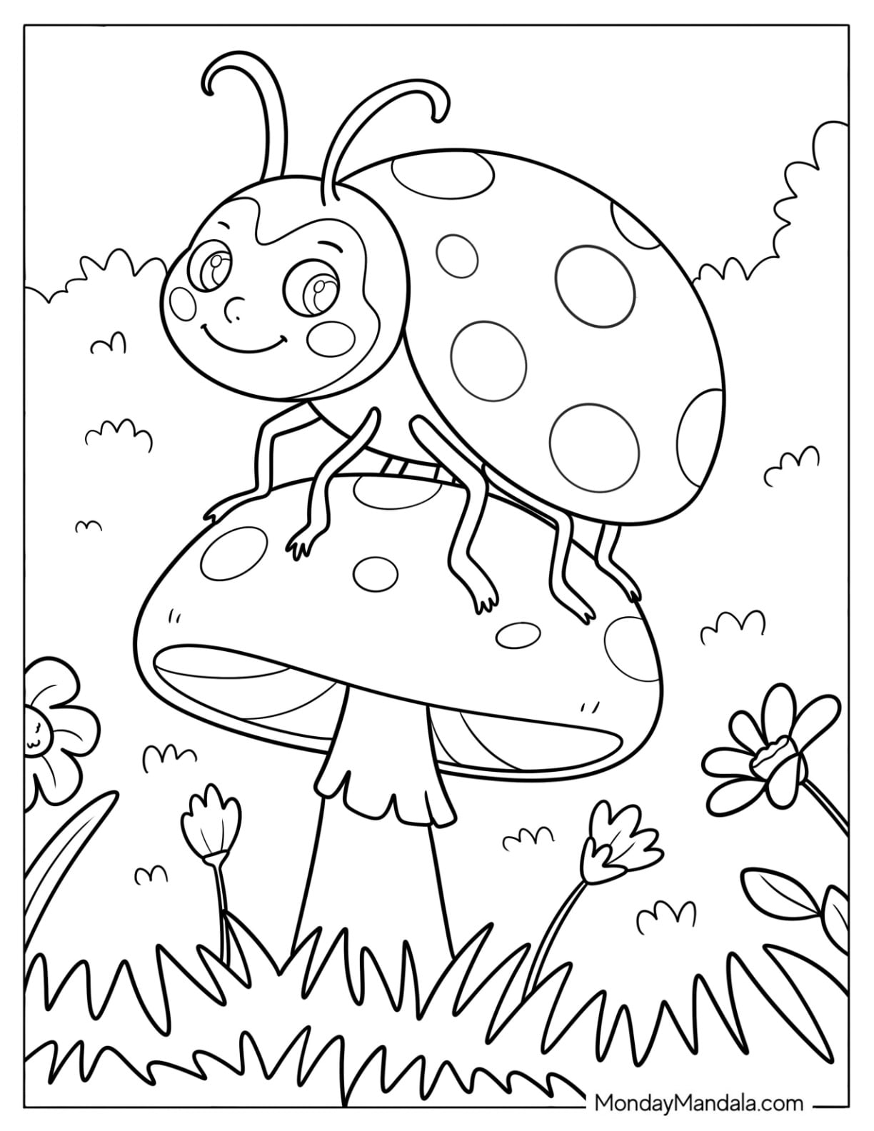 Ladybug Sitting on a Mushroom in the Garden Coloring Page for Preschoolers
