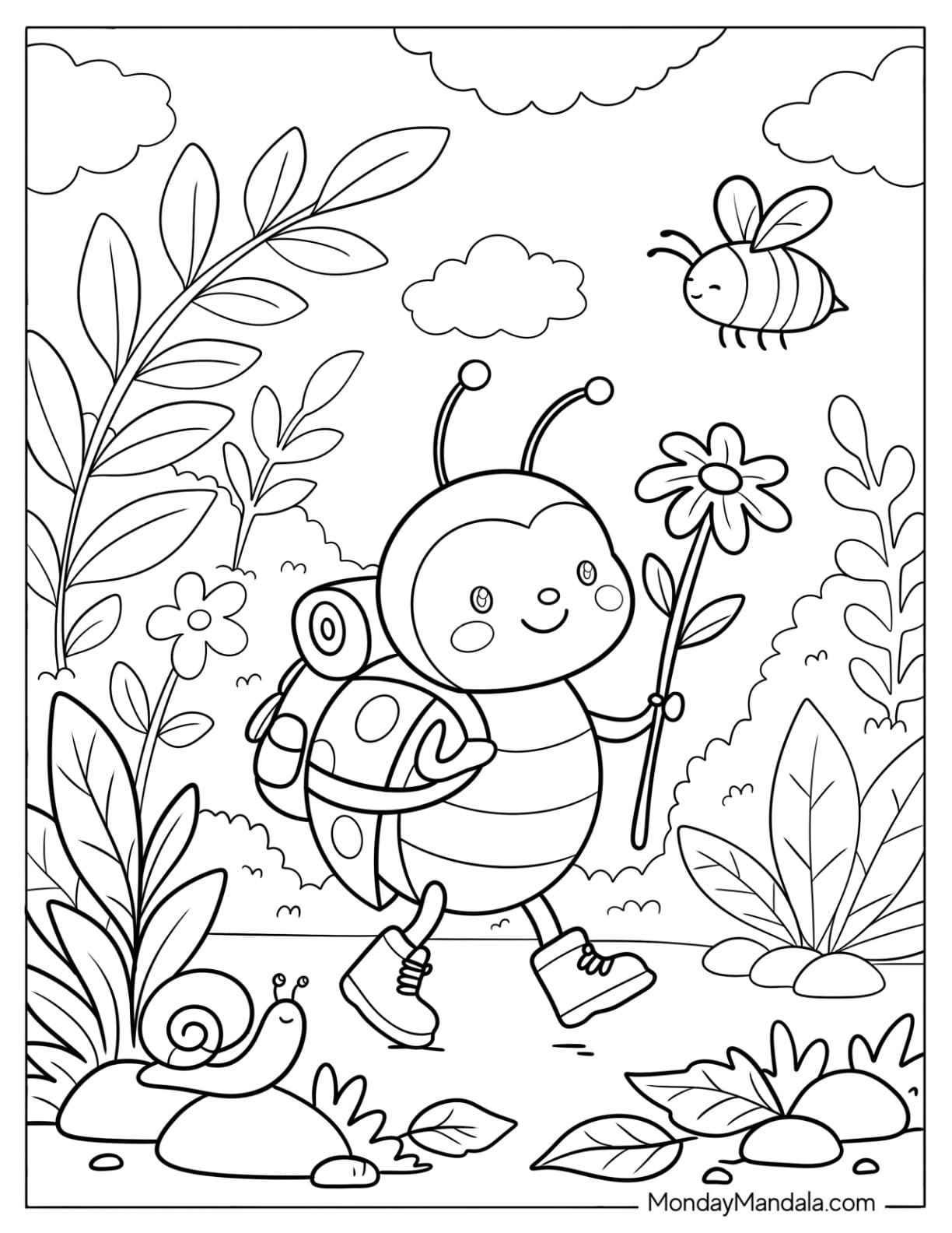 Ladybug Walking with a Flower in the Garden Coloring Page for Kids