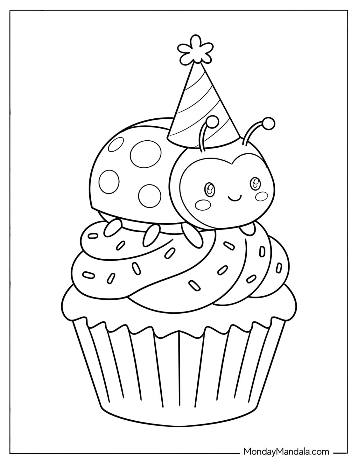 Ladybug Wearing a Party Hat on a Cupcake Coloring Sheet for Preschoolers