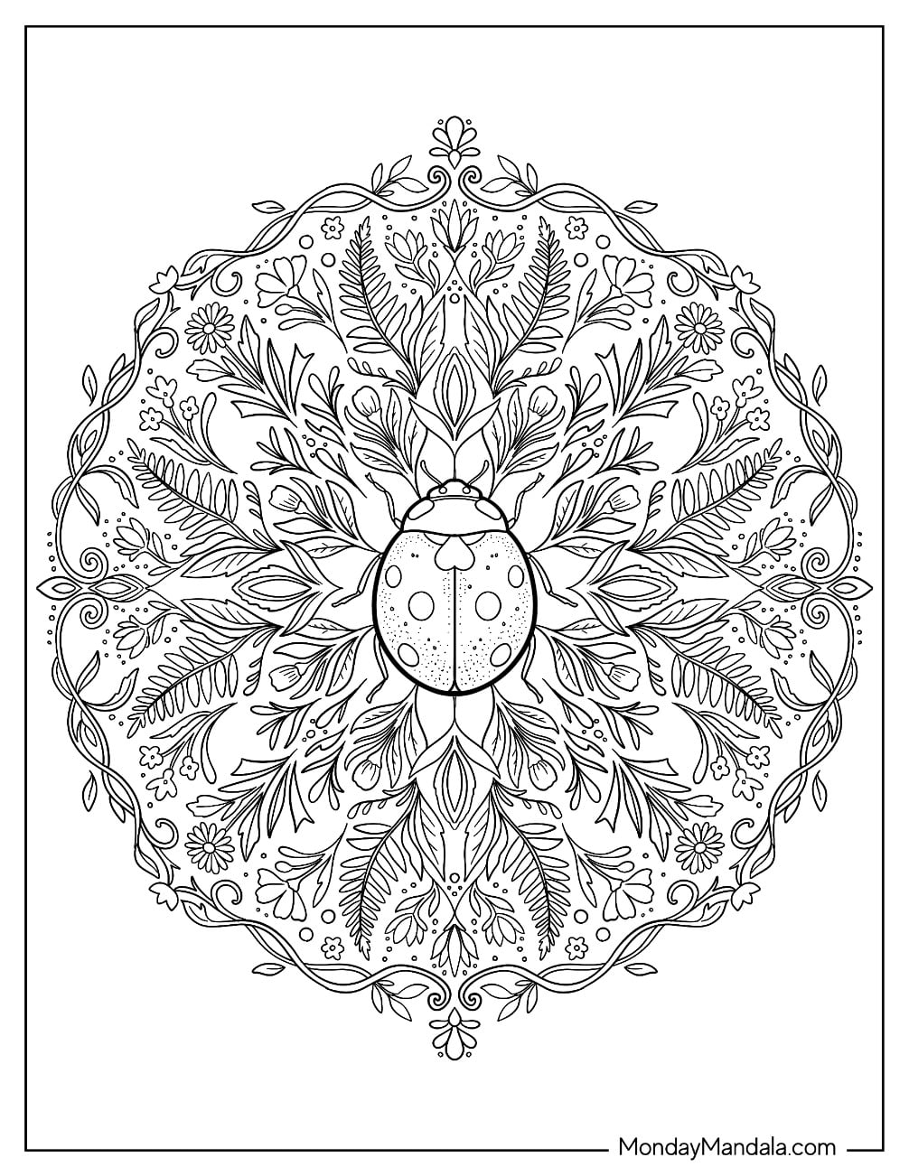 Ladybug at the Center of an Elegant Floral Mandala
