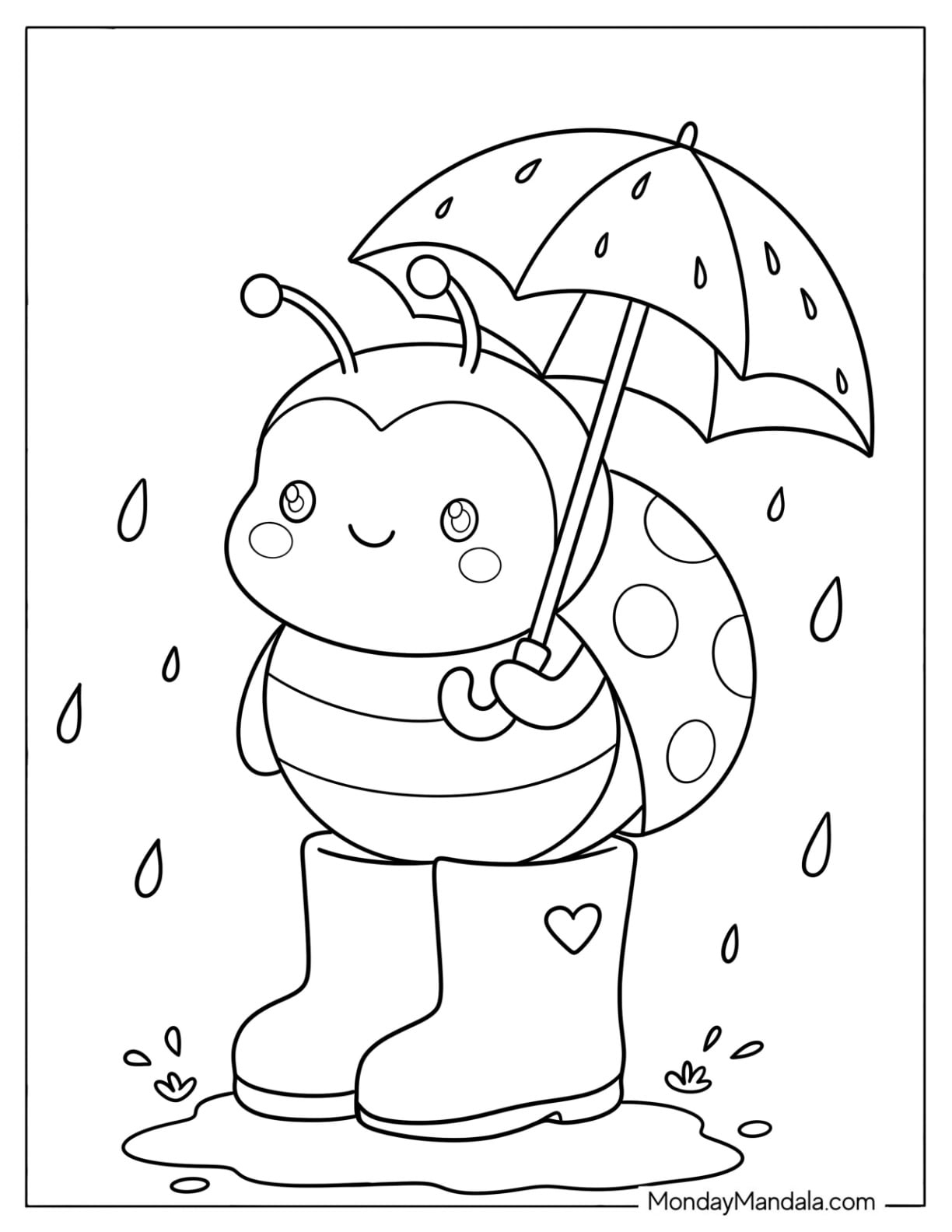 Ladybug in Rain Boots Holding an Umbrella Coloring Page for Preschoolers