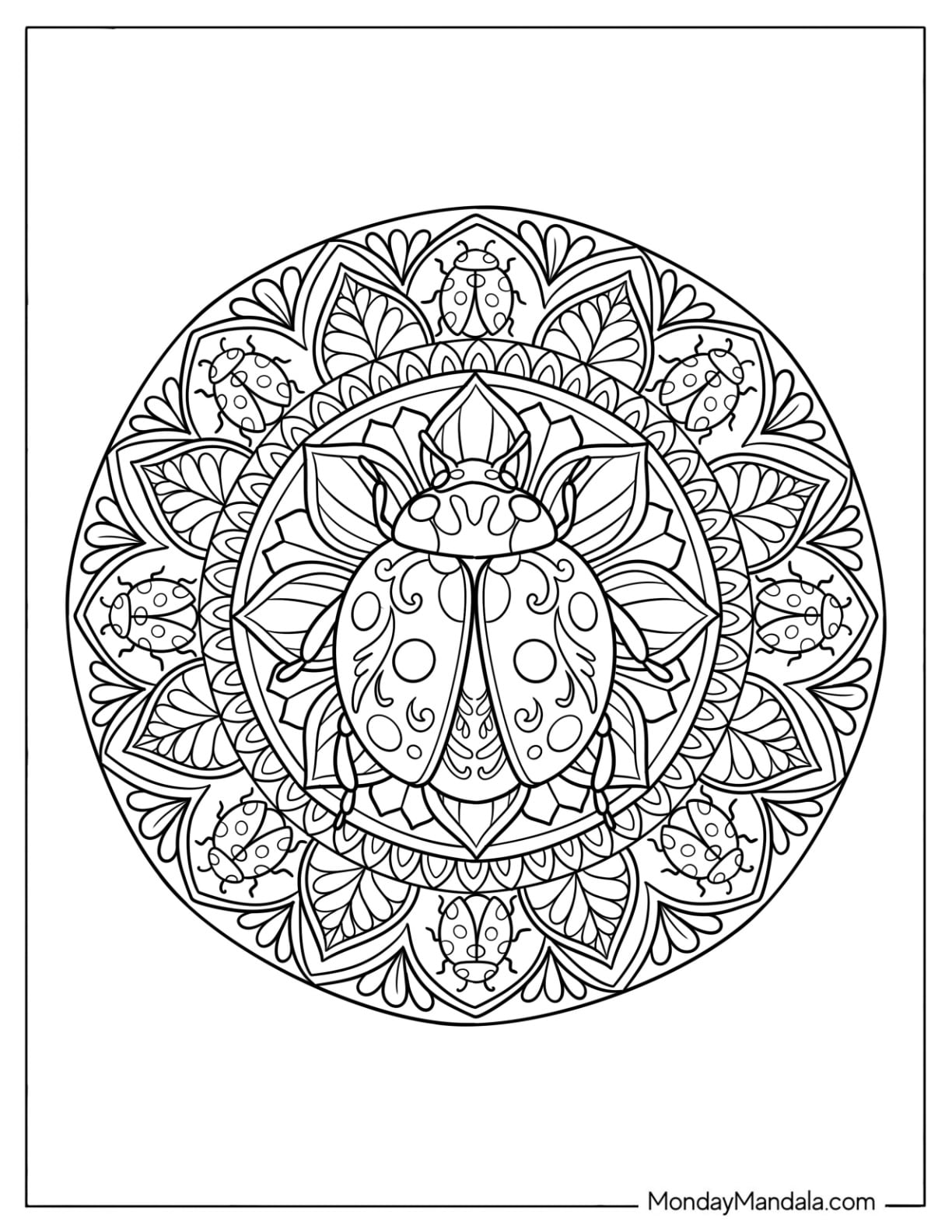 Ladybug with Leaf and Flower Mandala Design