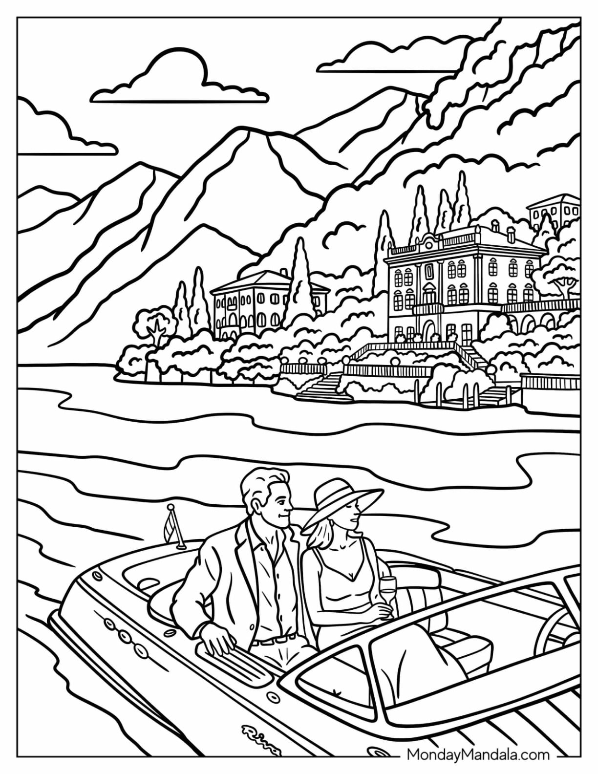 Italy Coloring Page of Lake Como Boat Ride with Mountain Villas