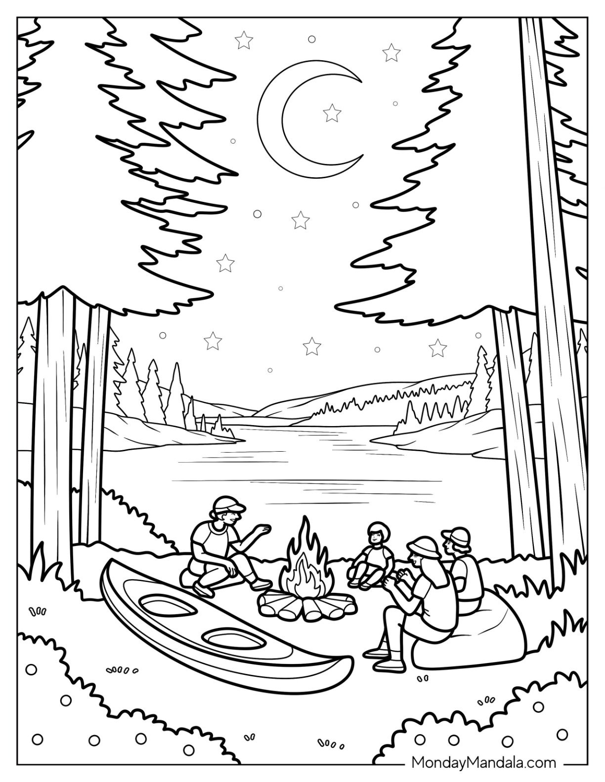 Lakefront Camping & Hiking Coloring Page at Night with Canoe and Cozy Firelight