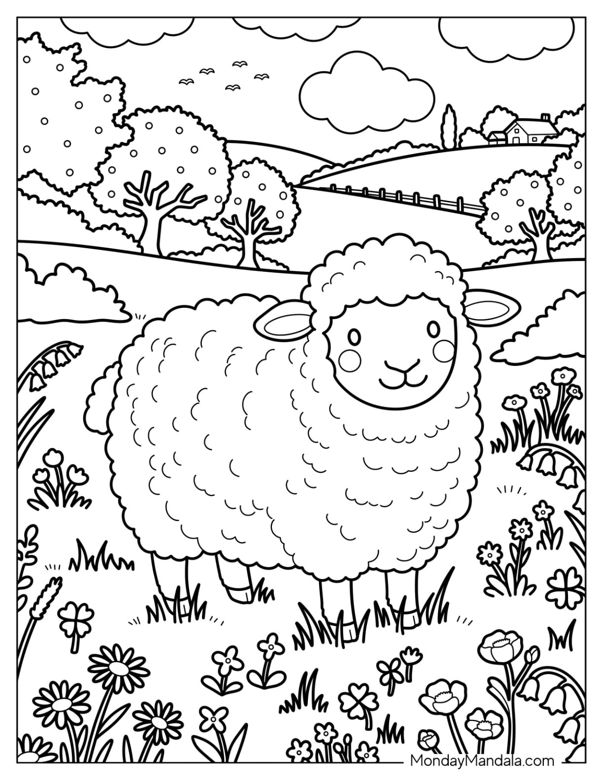 Lamb in a Flower Meadow During Spring Coloring Page