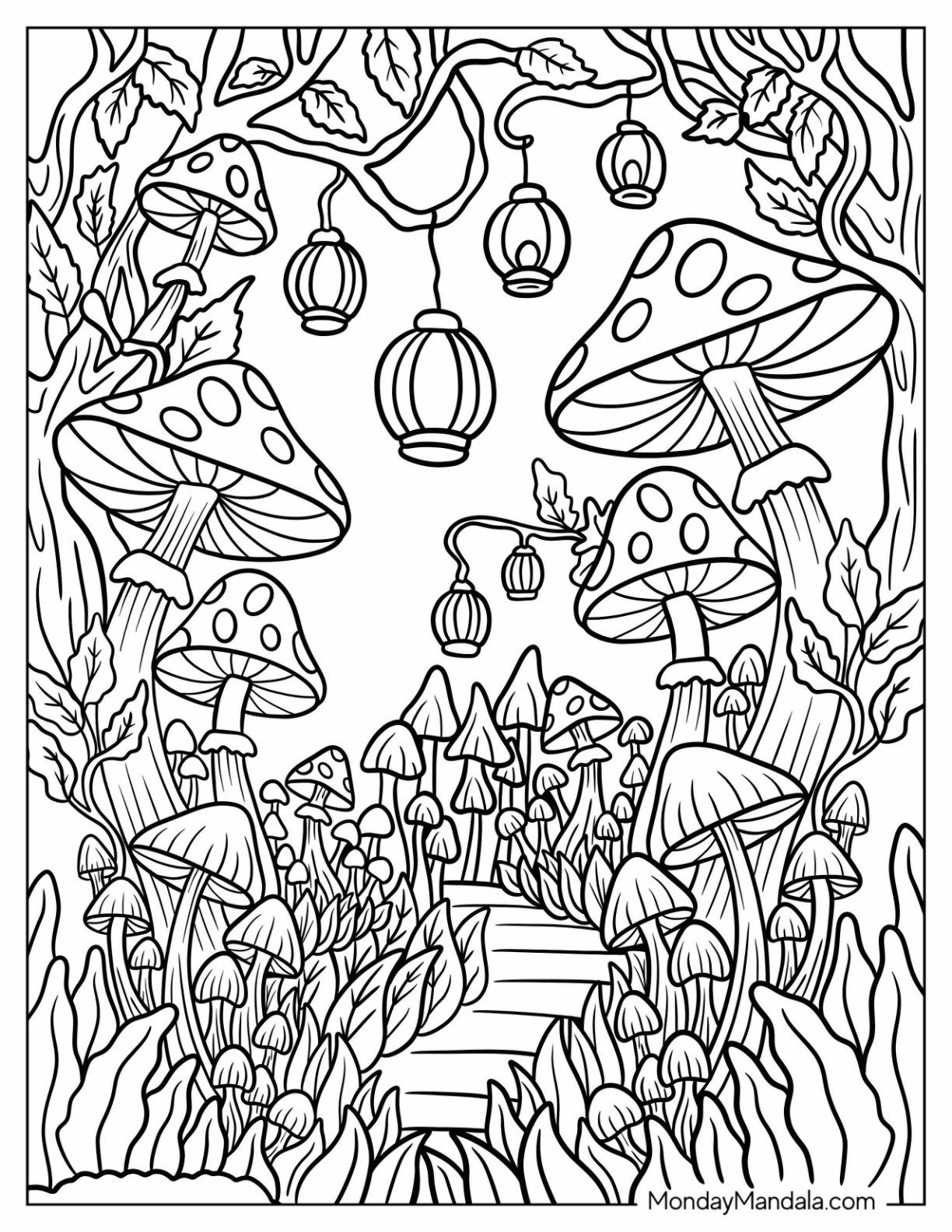 Lantern Trail Through the Enchanted Mushroom Grove Coloring Page