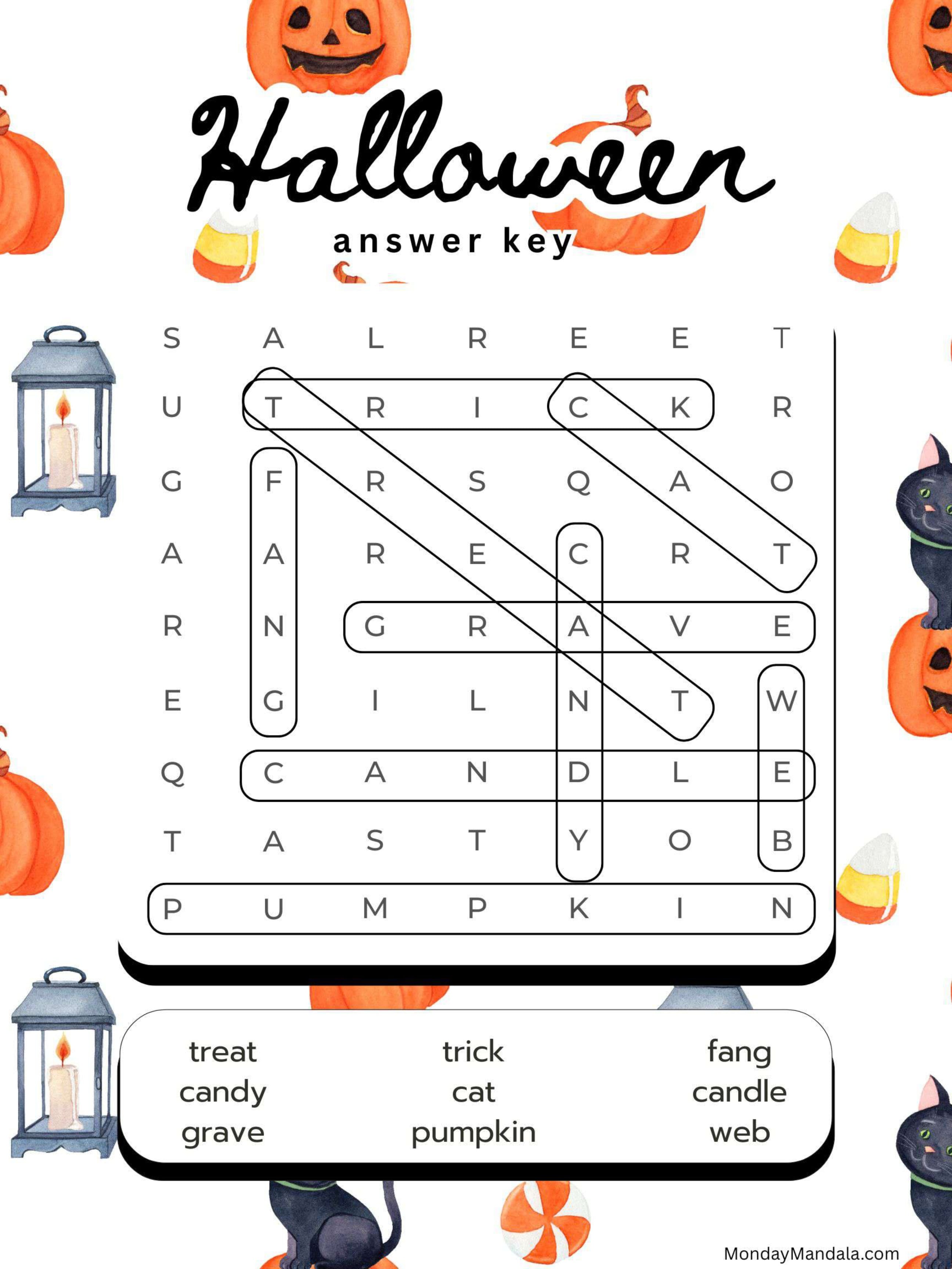 Lanterns & Pumpkins Halloween Word Search Answer Key