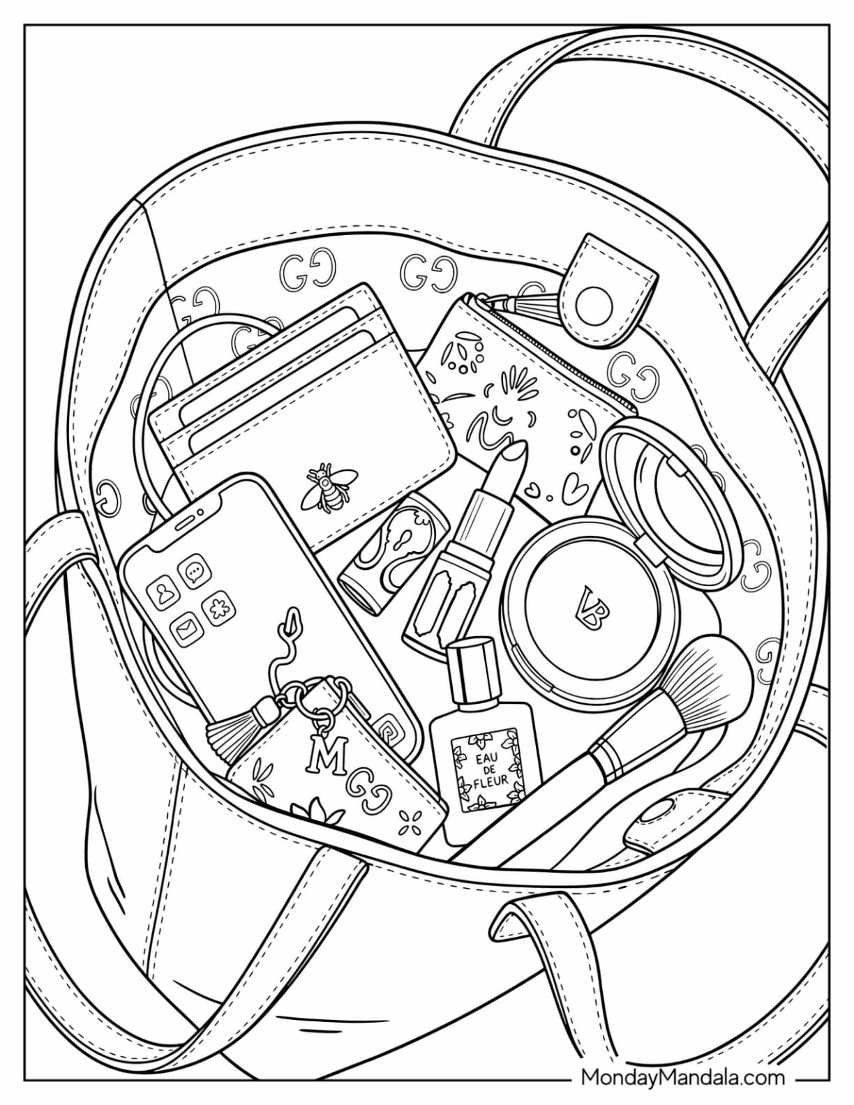 Large Bag Full of Brushes and Makeup Coloring Page