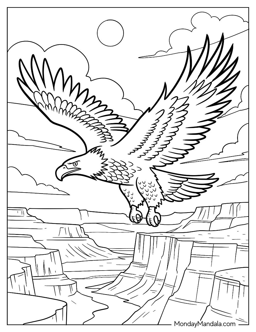 Large Bald Eagle Coloring Page Soaring Over the Grand Canyon