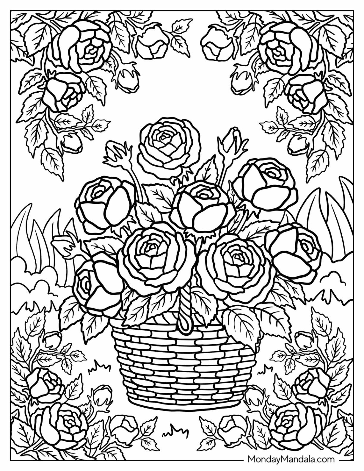 Large Basket of Rose Coloring Page in a Garden