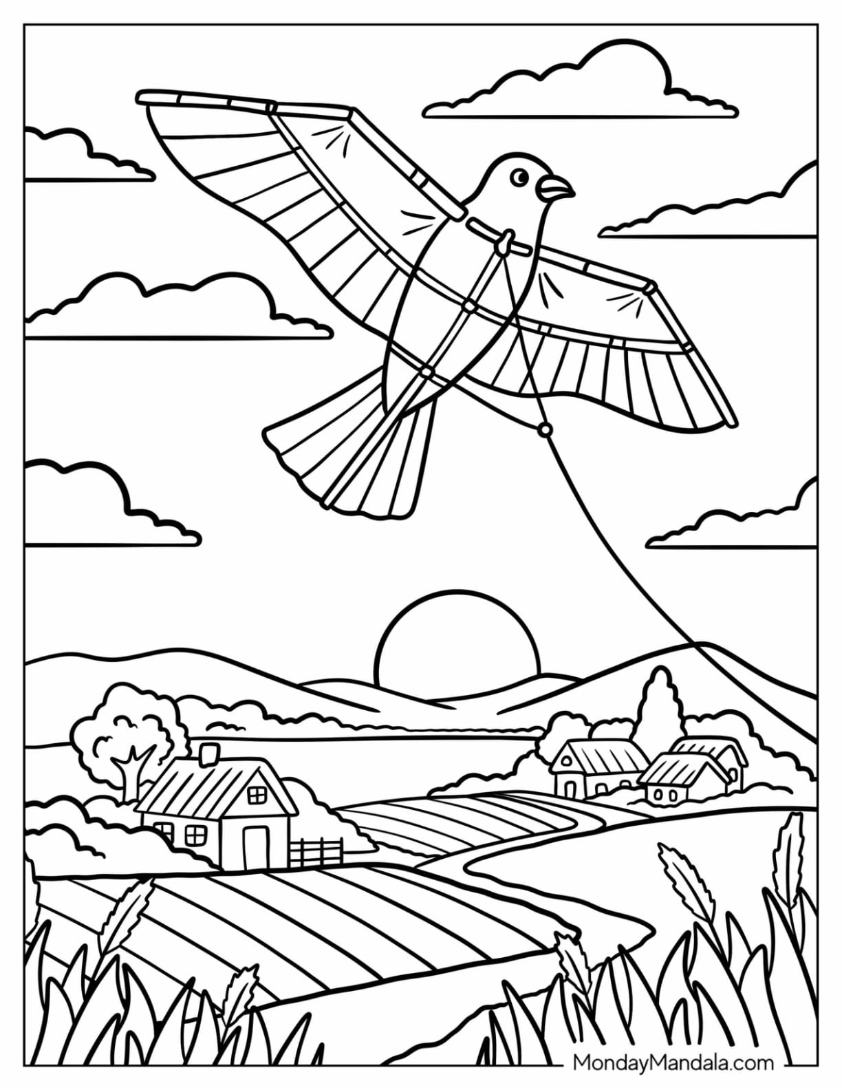 Large Bird Kite Coloring Page Over Town