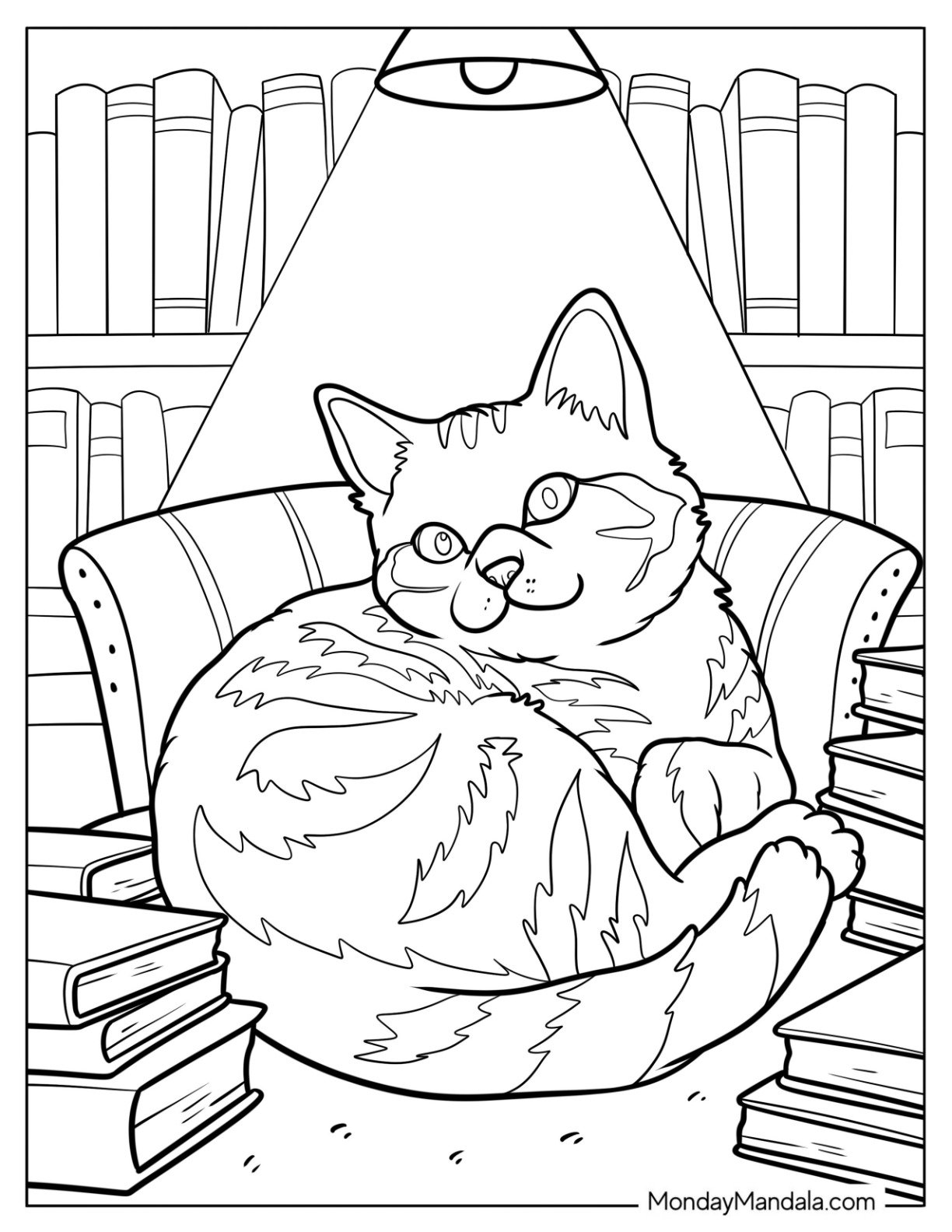 Large Cat Coloring Page Curled Up Next to Books in a Library