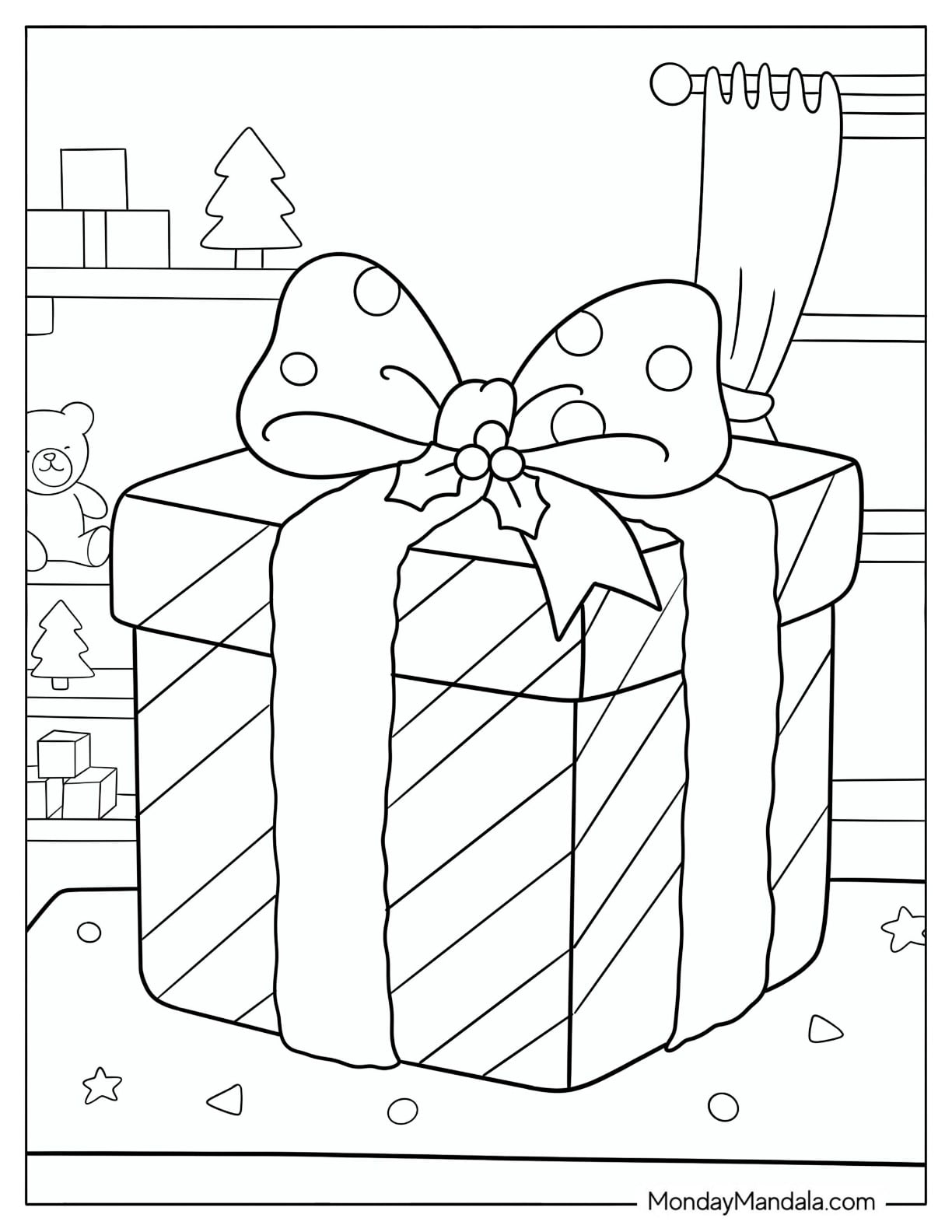 Large Christmas Present with a Holly Bow Coloring Page for Kids
