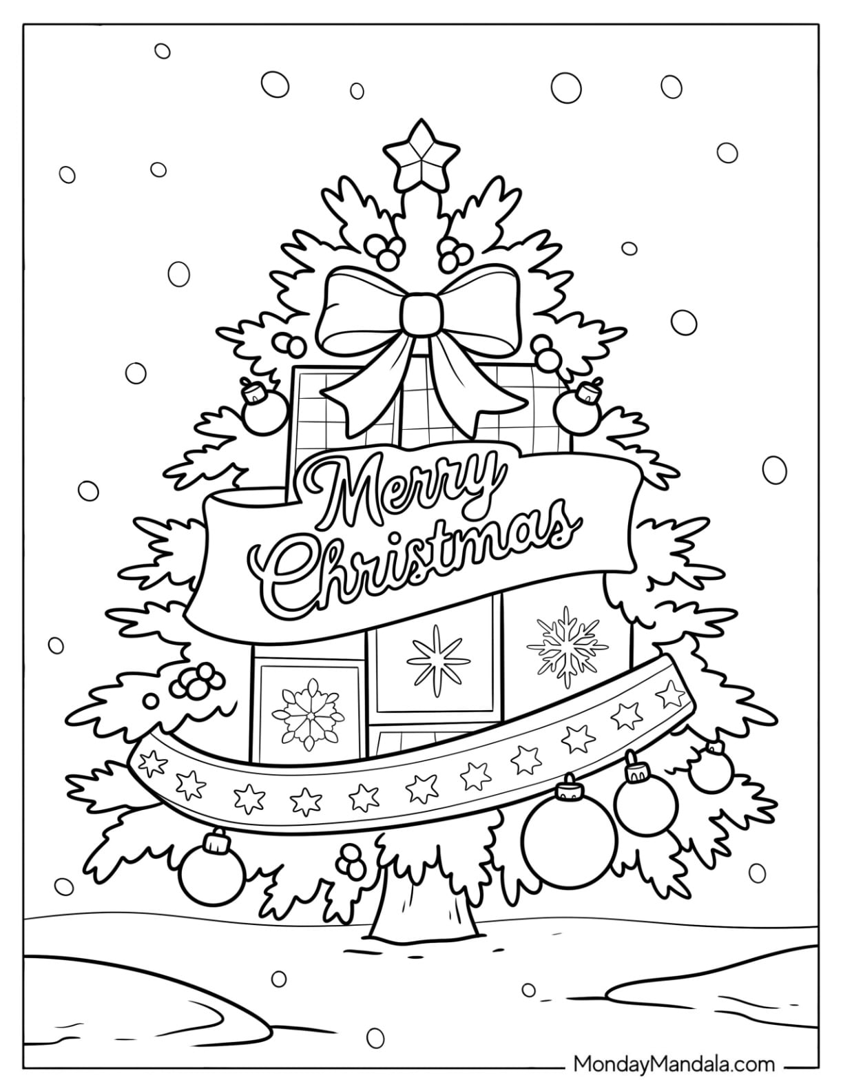 Large Christmas Tree Coloring Page with Bow, Banners, and Baubles