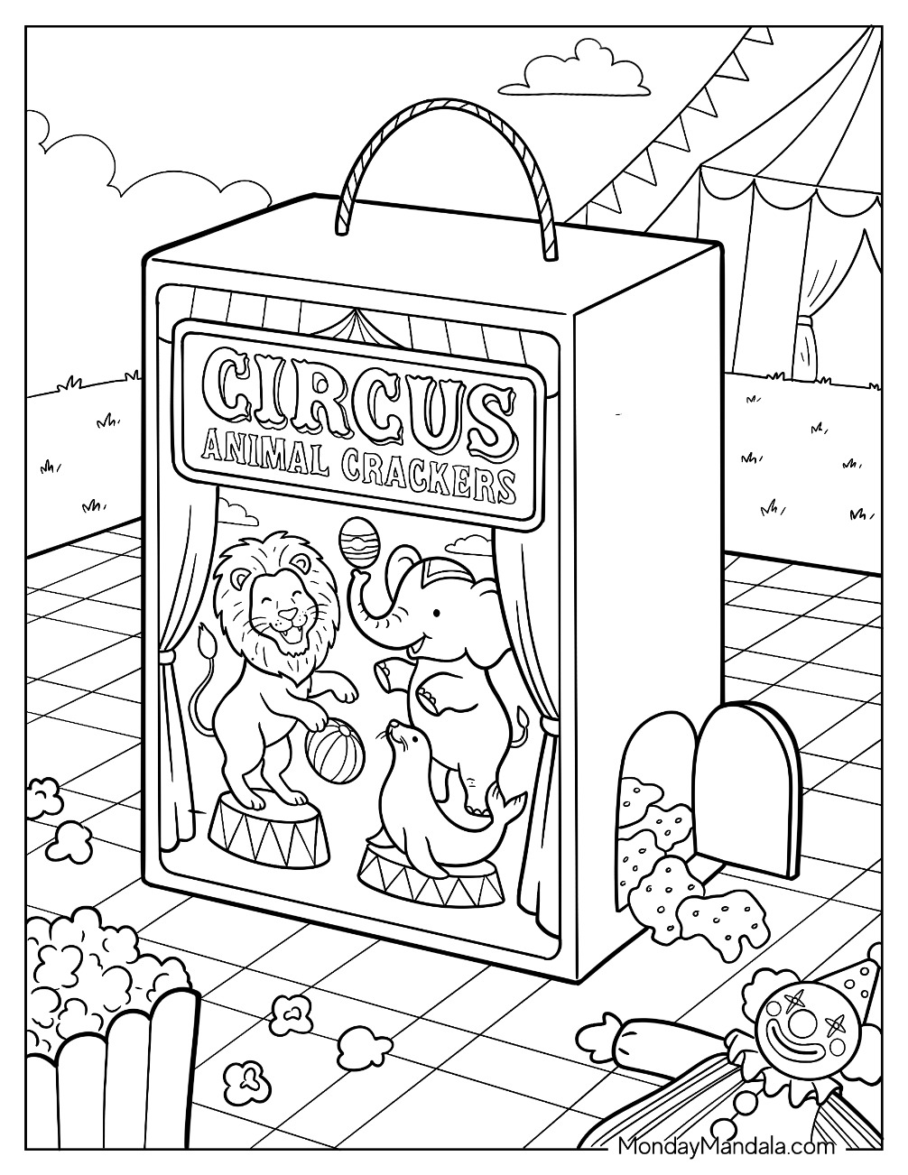 Large Circus & Carnival Coloring Page of Animal Crackers with Elephant and Lion